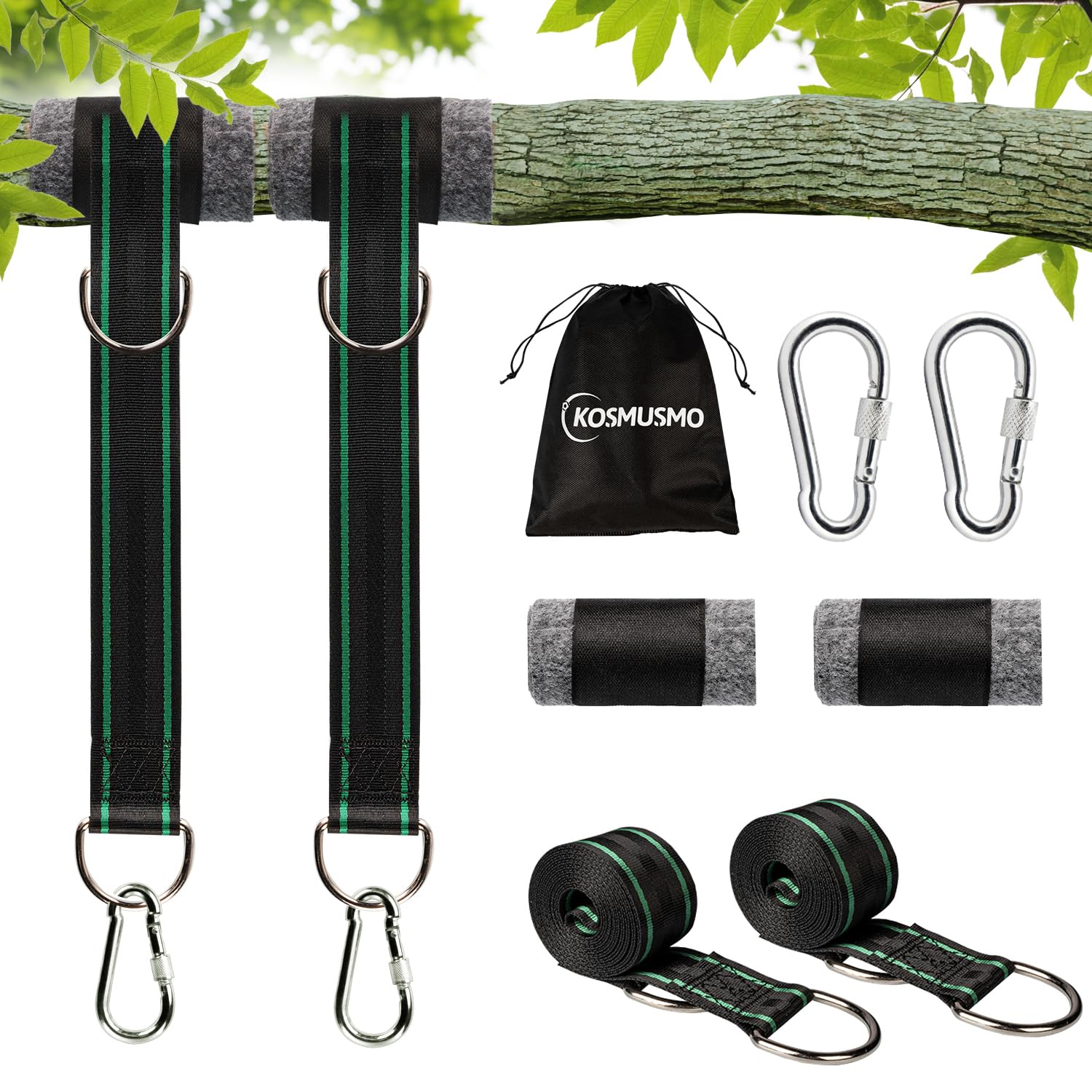 KOMUSMO 8ft Heavy Duty Tree Swing Hanging Straps Kit (2-Pack) - 3000 lb Capacity, Portable Camping Hammock Straps with Tree Protector - Perfect for Backyard Swings, Hammocks & Outdoor Adventures