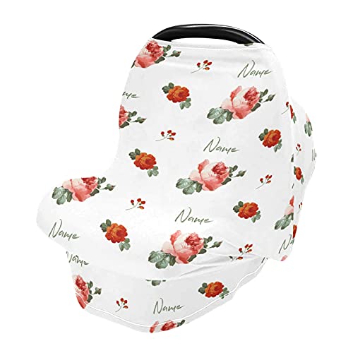 **Personalized Rose Baby Car Seat Cover with Name - Custom Nursing Cover & Breastfeeding Scarf - Soft, Breathable & Stretchy Infant Stroller Cover for Boys & Girls - Perfect for Travel, Shopping & Outdoor Activities**