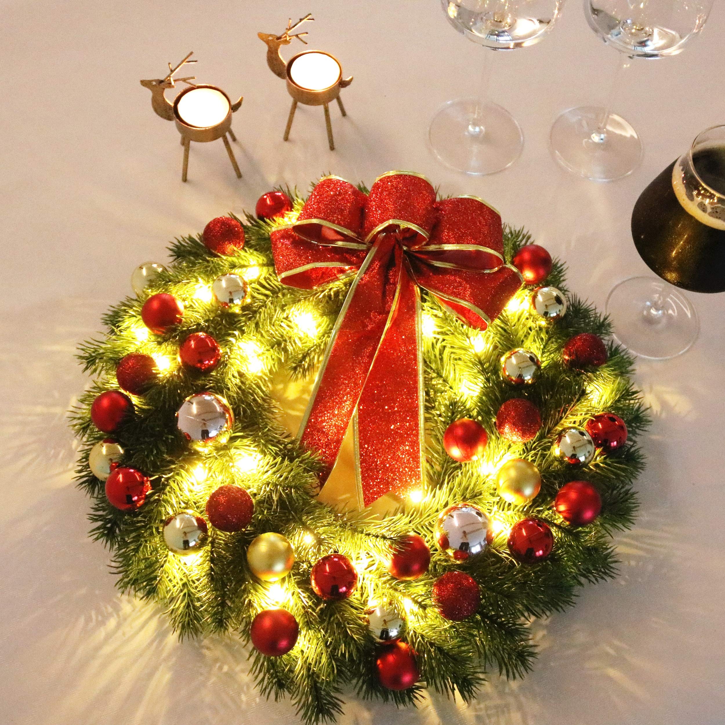 Hanizi 16-Inch Christmas Wreath with 40 LED Lights - Battery Operated Holiday Decor with Timer & Metal Hanger for Door, Wall, Fireplace Mantel and Christmas Party Decorations