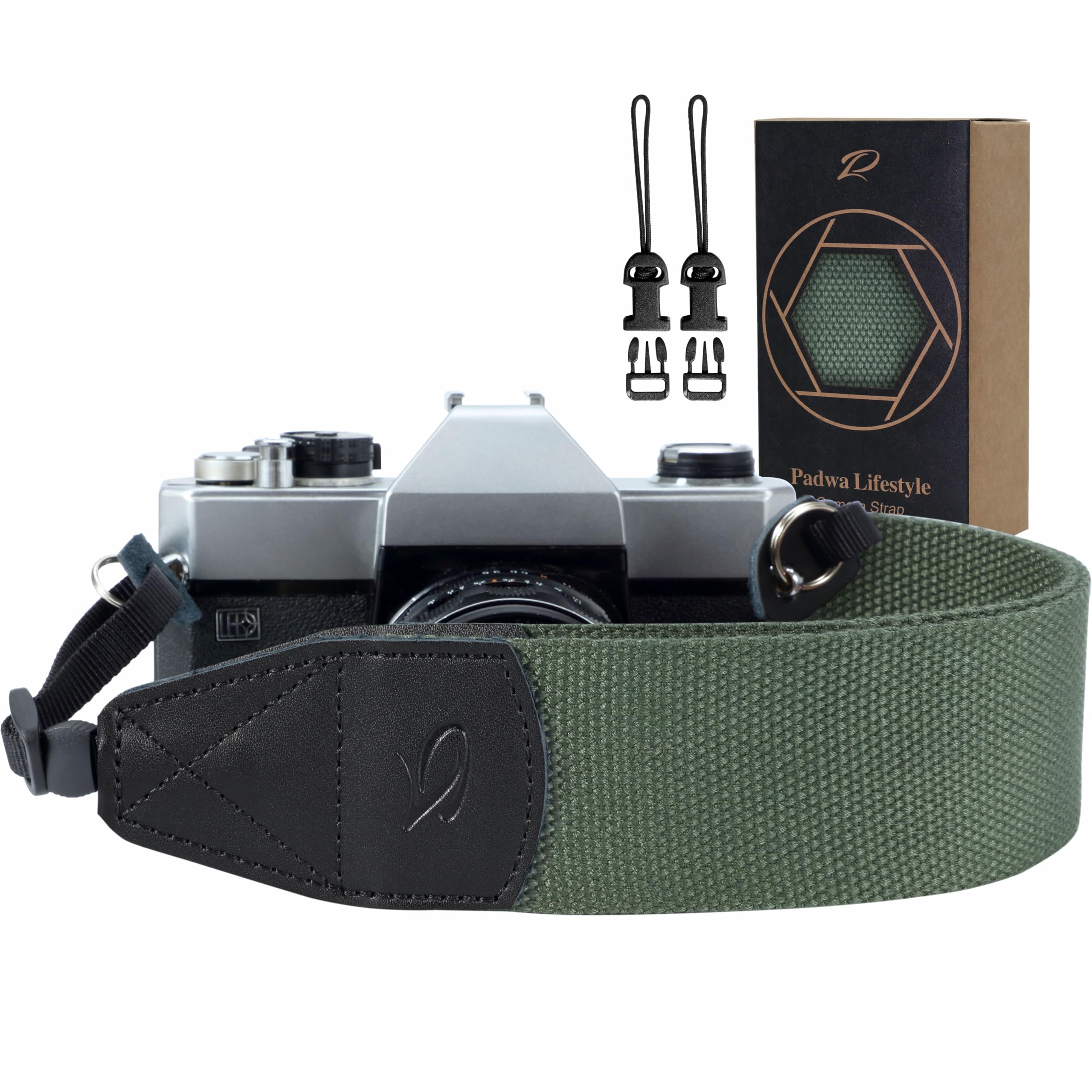 Padwa Lifestyle Dark Green Camera Strap - 2 Inch Wide Cotton Woven Genuine Leather Neck Strap for DSLR/SLR Cameras, Binoculars & Drone Remote Control with 2 Free Quick Release Clips | Perfect for Travel, Photography & Outdoor Adventures