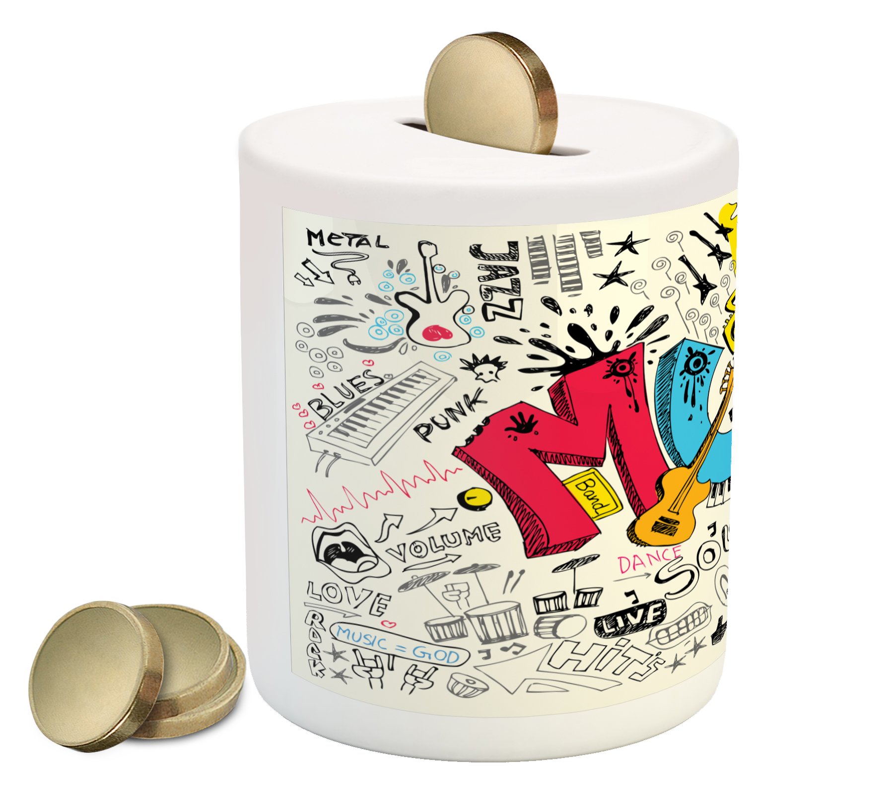 Ambesonne Musical Piggy Bank - Pop Art Doodle Style with Instrument Sound Illustration, Ceramic Coin Money Box for Cash Savings (Multicolor) | Perfect Gift for Music Lovers & Kids Room Decor