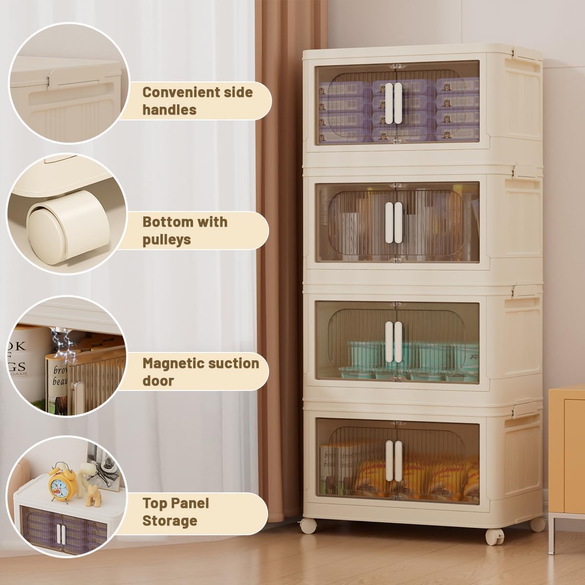 Wookon 4-Tier Storage Bins with Wheels - 277 Quart Plastic Storage Containers | Beige Collapsible Closet Organizer | Magnetic Dual Open Design for Home, Garage & Office Organization