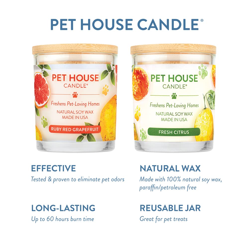 One Fur All Pet House Candle 2 Pack - Soy Wax, Plant-Based, Clean Burning Scented Candles for Home - Ruby Red Grapefruit & Fresh Citrus Fragrance - Long Lasting Pet Odor Eliminator - Perfect for Living Rooms, Bedrooms & Pet Areas