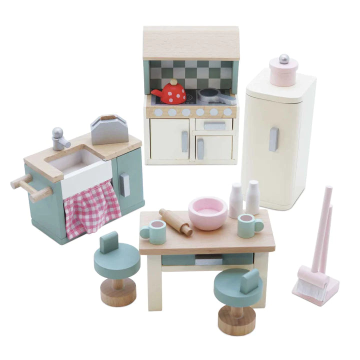 Wooden Dollhouse Kitchen Furniture Set - Miniature Play Kitchen for Kids - Perfect for Pretend Play, Dollhouse Accessories & Kids Room Decor