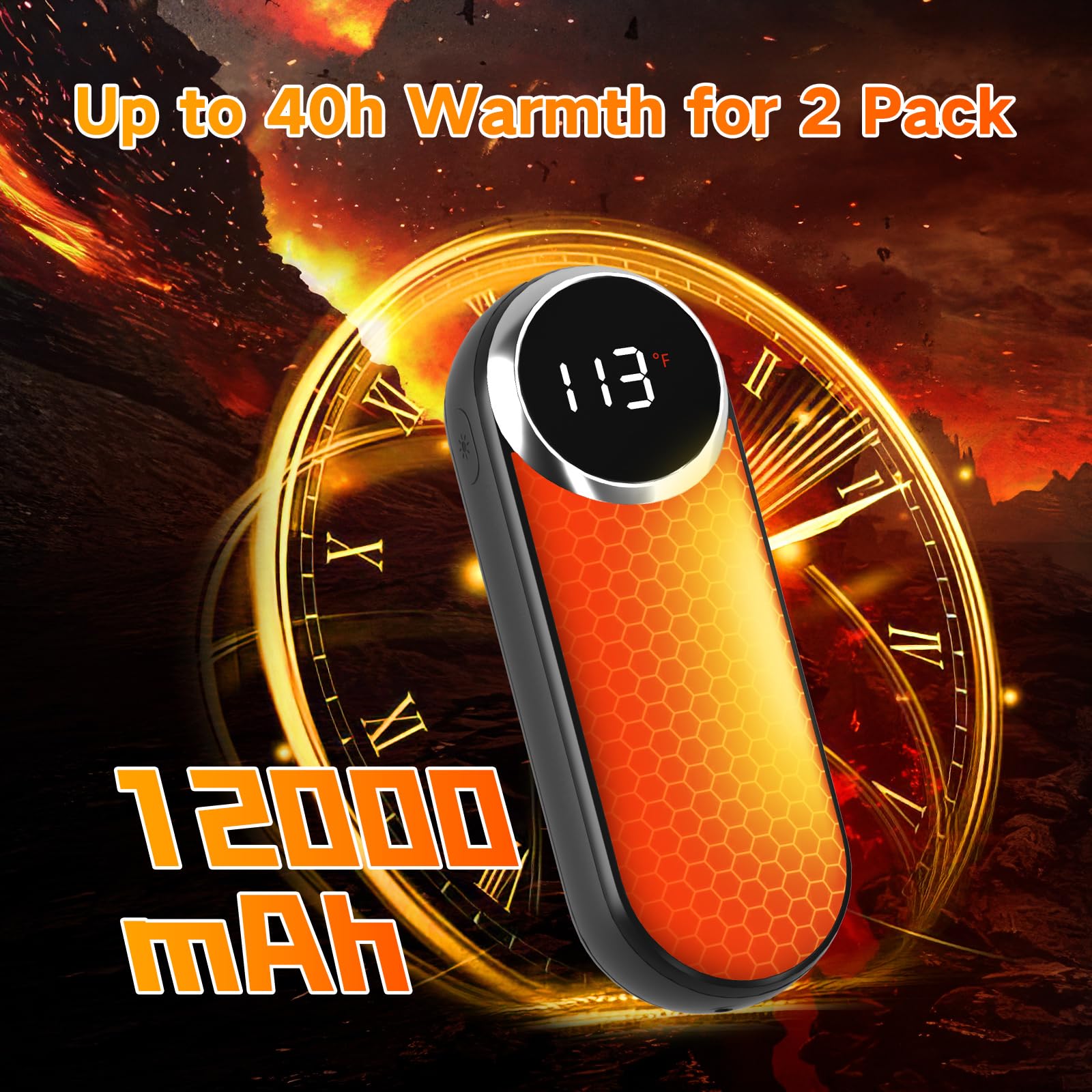 Rechargeable Hand Warmers 12000mAh - 2 Pack Electric Pocket Warmers with LED Light | Up to 20 Hours Double-Sided Heating | Perfect for Hunting, Camping, Skiing & Winter Outdoor Activities | Great Stocking Stuffer Gift