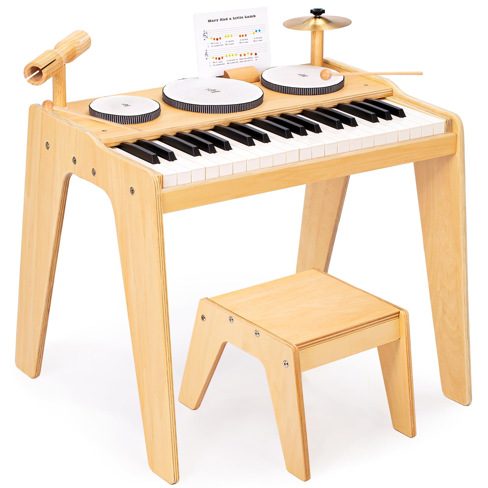 OATHX 37-Key Kids Piano Keyboard with Drum Set & Stool - Adjustable Volume, 9-in-1 Musical Toy for Toddlers & Children Ages 3+ | Wooden Mini Piano Gift for Boys & Girls | Perfect for Birthday Gifts, Early Music Education & Home Play
