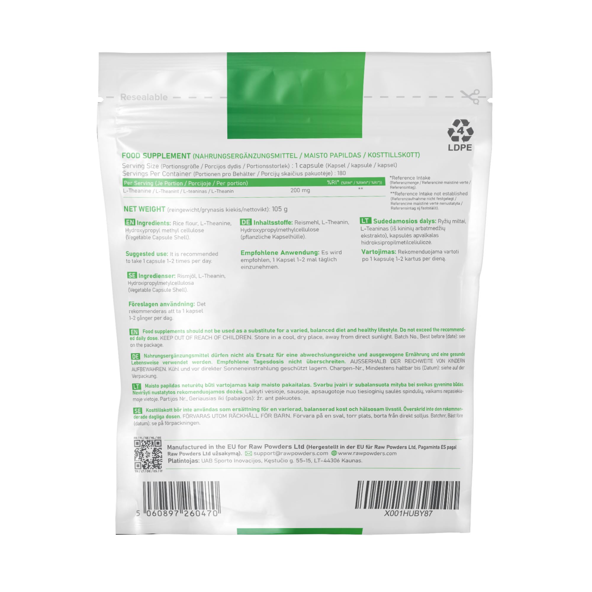 Raw Powders L-Theanine 200mg, 180 Capsules – Natural Relaxation & Focus Supplement – Non-GMO, Gluten-Free, GMP Certified Nootropic – Stress Relief & Mental Clarity for Work, Study, and Meditation