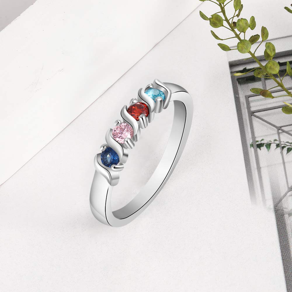 Personalized Grandma Rings with 4 Simulated Birthstones - Custom Engraved Family Jewelry for Women - Promise Rings for Mothers & Grandmothers - Perfect for Mother's Day, Anniversary & Family Gifts