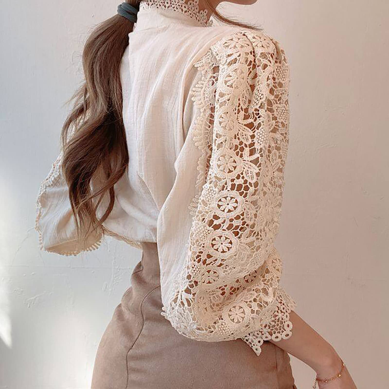 Women's Casual Lace Off-Shoulder Long Sleeve Blouse - Loose Fit Pullover Top in Solid Beige | Perfect for Spring Outfits, Date Nights & Office Wear