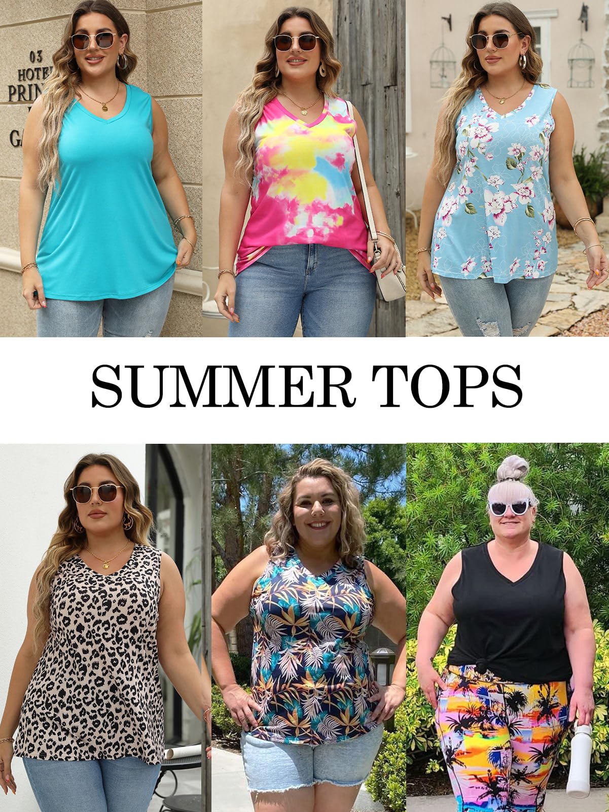 ROSRISS Women's Plus Size V Neck Tank Tops - Summer Sleeveless Casual T-Shirts & Tunics for Everyday Wear, Beach Outfits, and Layering