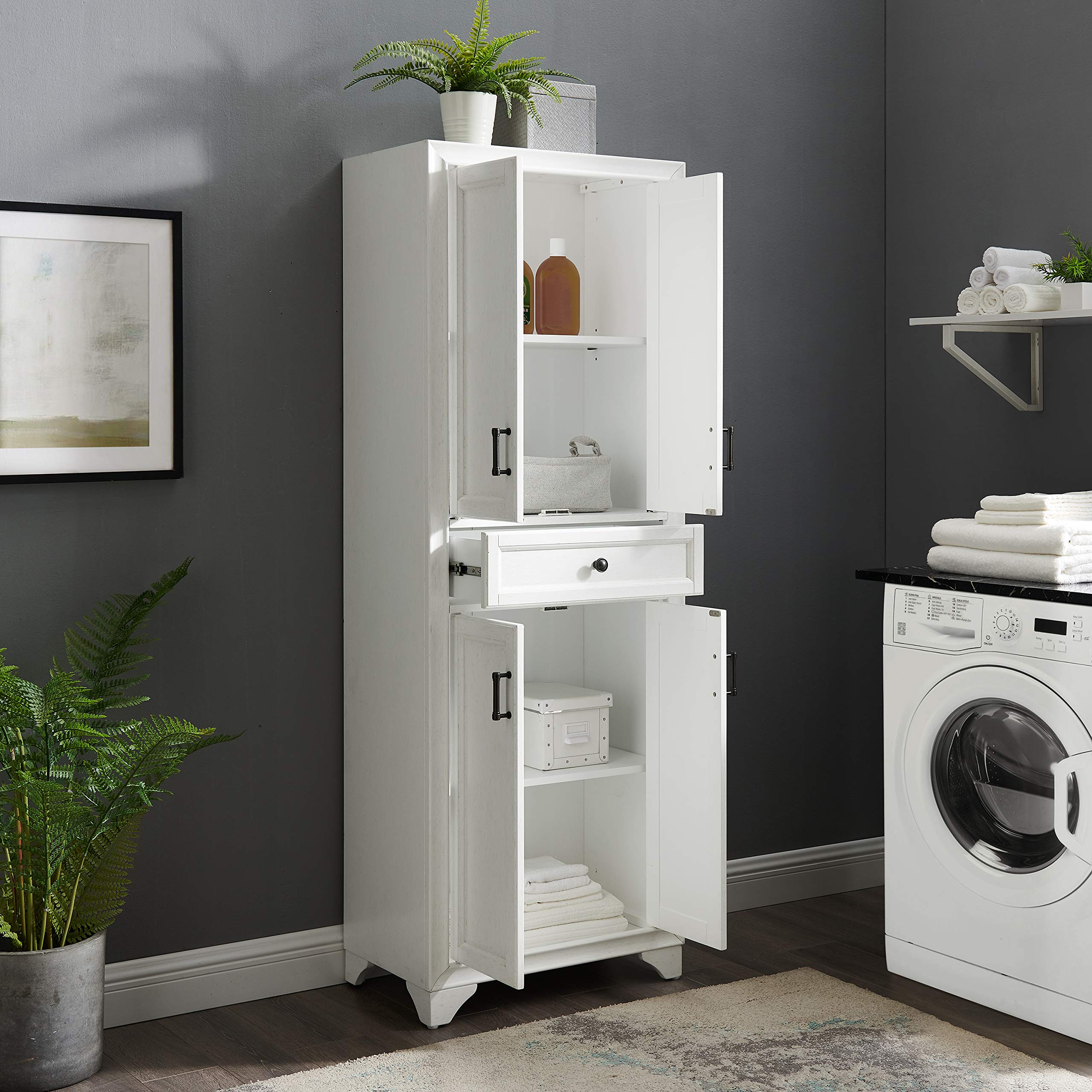Crosley Furniture Tara Pantry Storage Cabinet with Adjustable Shelves - Distressed White Kitchen, Dining & Laundry Room Organizer - Perfect for Small Space Storage & Home Organization
