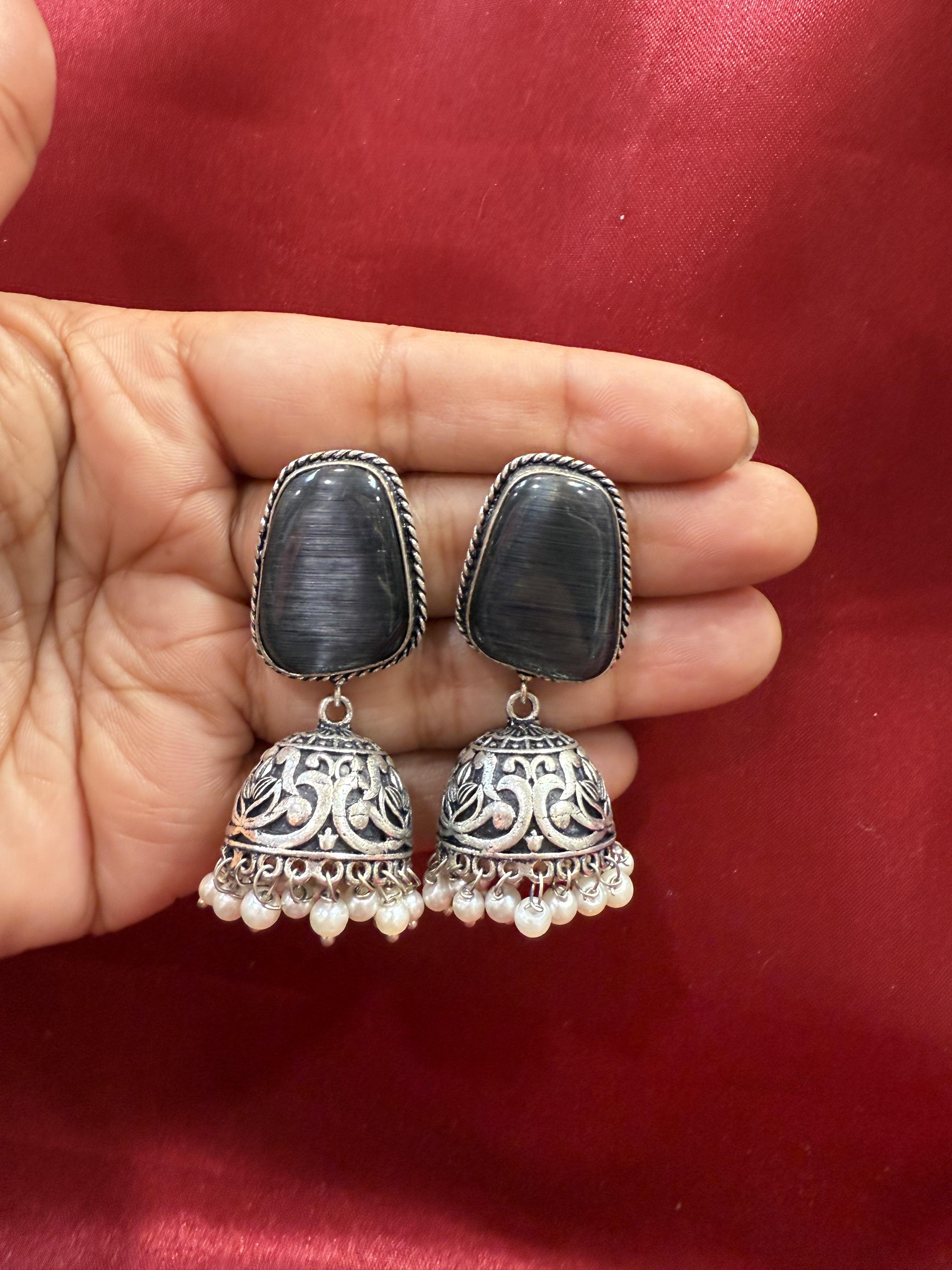 Elegant Oxidized Dark Gray Stone Jhumka Earrings with White Bead Danglers - Perfect for Indian Weddings, Festivals & Boho Fashion