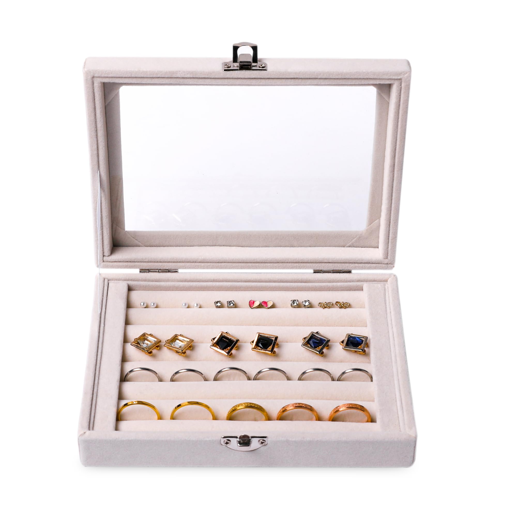 Frebeauty 7-Slot Ring and Earring Organizer Tray with Clear Lid - Velvet Jewelry Storage Box, Drawer Insert & Display Case - Perfect Gift for Women and Girls (Beige) - Ideal for Travel, Vanity Organization, and Jewelry Protection