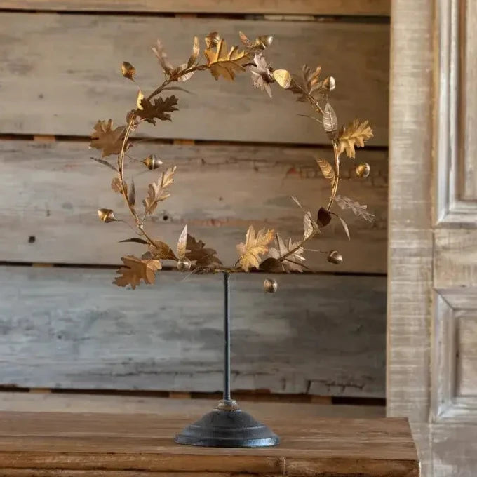 French Wire Gold Acorn Wreath on Stand - Elegant Fall Home Decor for Thanksgiving, Christmas & Seasonal Table Centerpiece