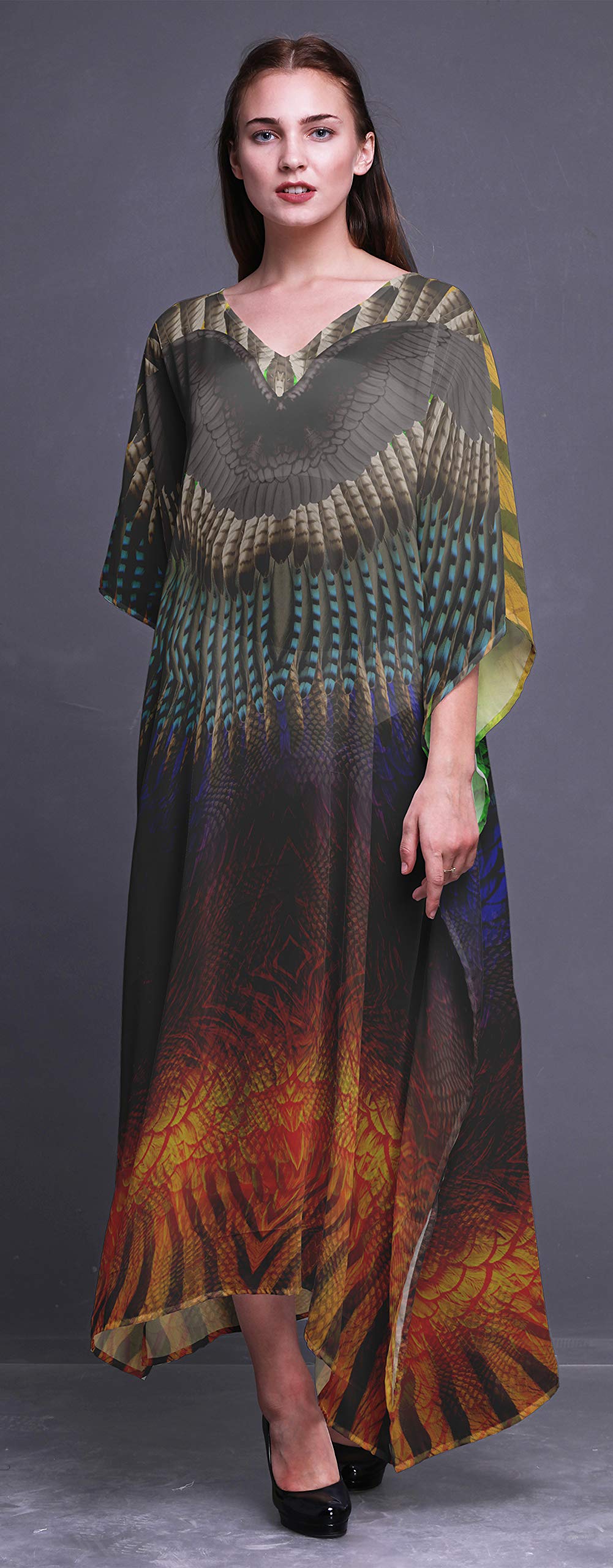 Tribal Feather Women's Long Beach Kaftan - Flowy Bikini Cover Up Maxi Dress for Summer Vacation, Pool Party & Boho Beachwear