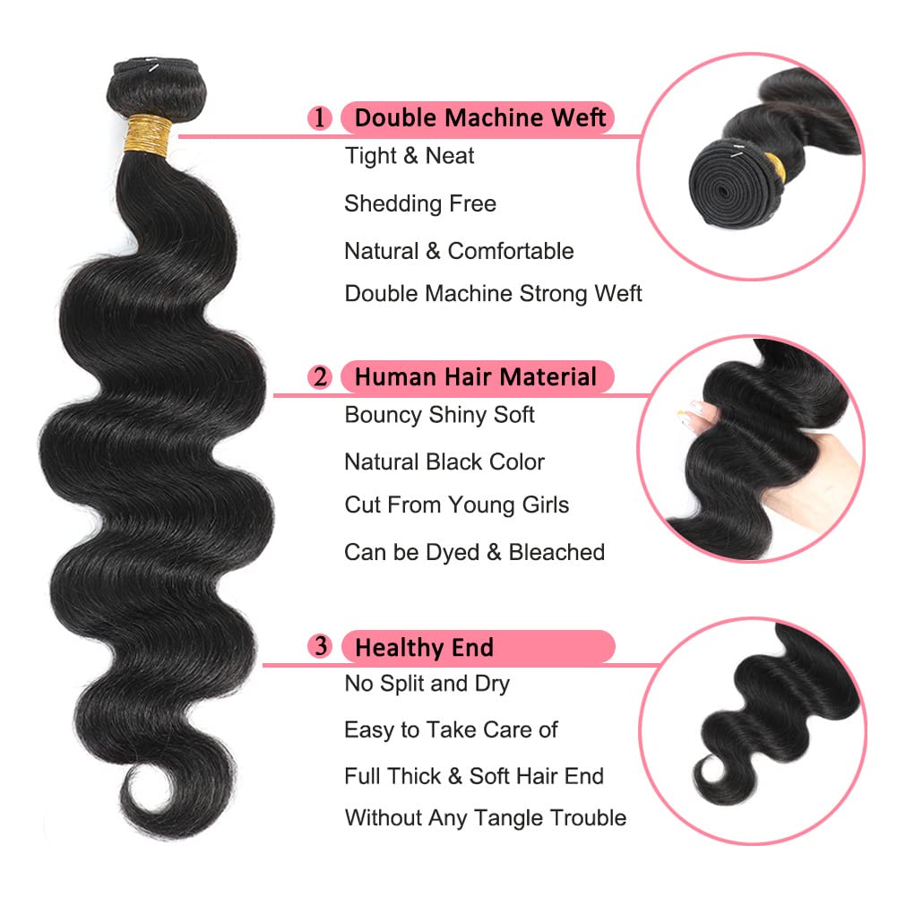 26 28 30 Inch Brazilian Body Wave Human Hair Bundles - 100% Unprocessed Virgin Hair (300g, 3 Bundles, 10A Grade) - Natural Black Color Hair Extensions for Styling, Volume & Length - Perfect for Daily Wear, Parties & Special Occasions