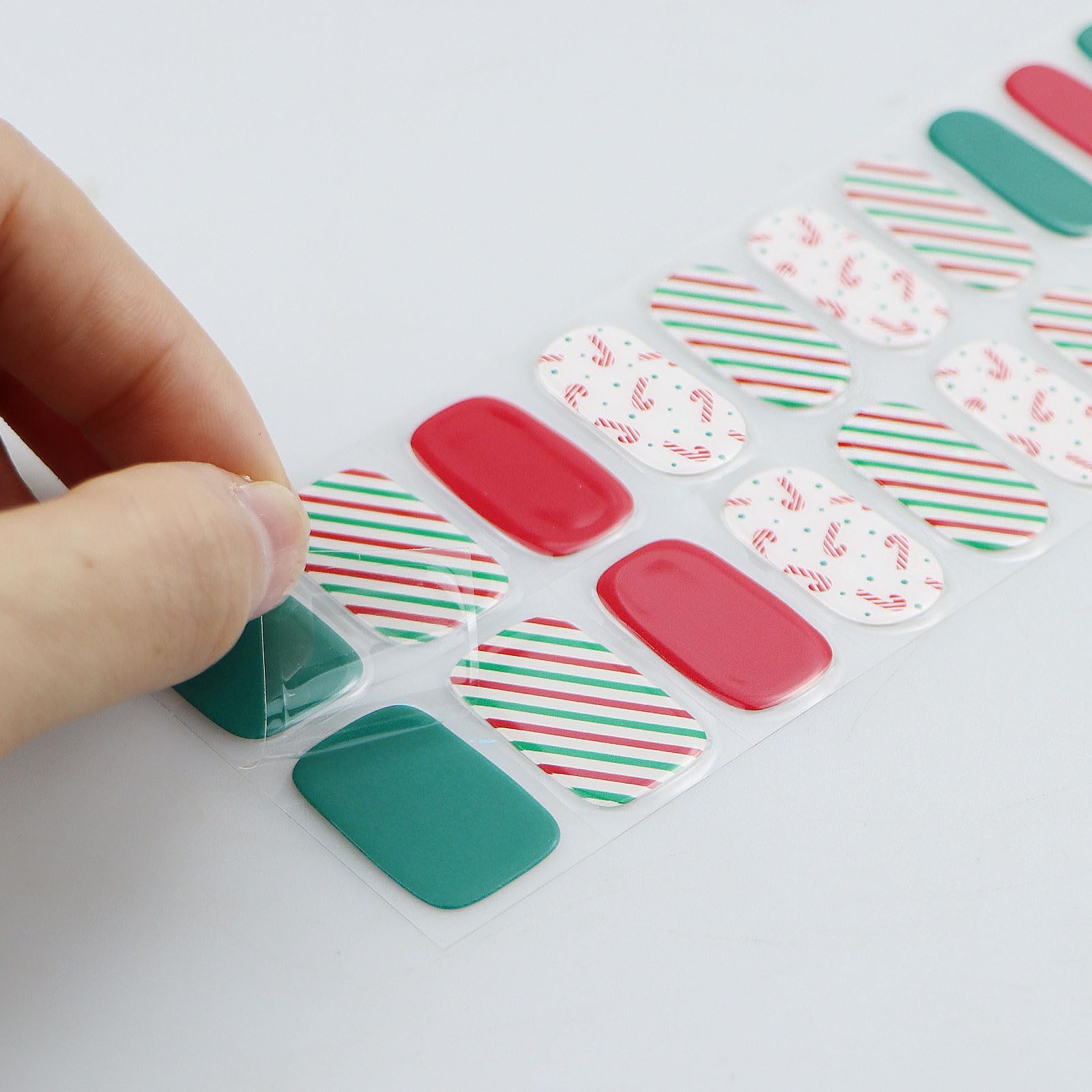 JMEOWIO Christmas Cute Green Red Semi-Cured Gel Nail Stickers - Long Lasting UV/LED Nail Strips for Holiday Nail Art Designs & Decorations - Perfect for Christmas Parties, Gifts & Festive Nail Looks