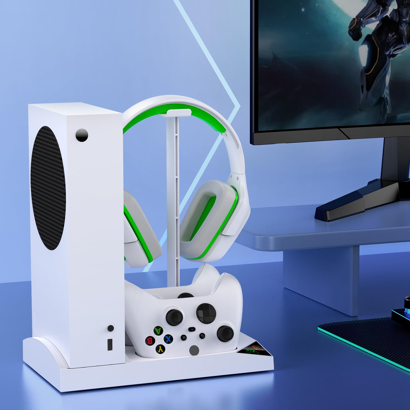YUANHOT Vertical Cooling Stand with Dual Fan & Charging Station for Xbox Series S Console & Controller - Includes 2Pack 1400mAh Rechargeable Batteries & Headset Holder - Perfect for Gaming Setup & Accessories Organization
