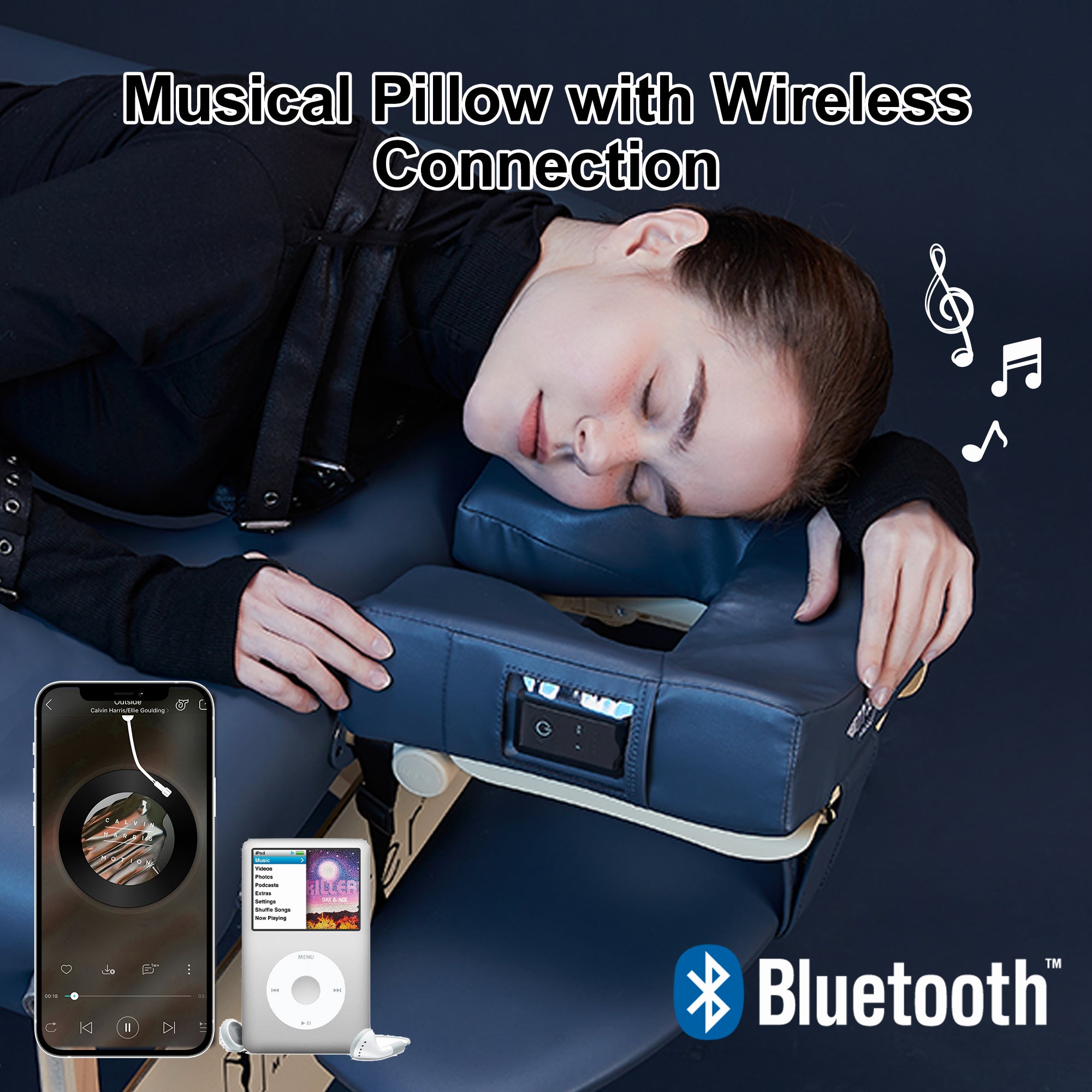 MusicMaster Bluetooth Music Massage Pillow with High Fidelity Sound & Ergonomic Dream Face Cushion - Royal Blue - Perfect for Relaxation, Meditation, Travel & Home Use