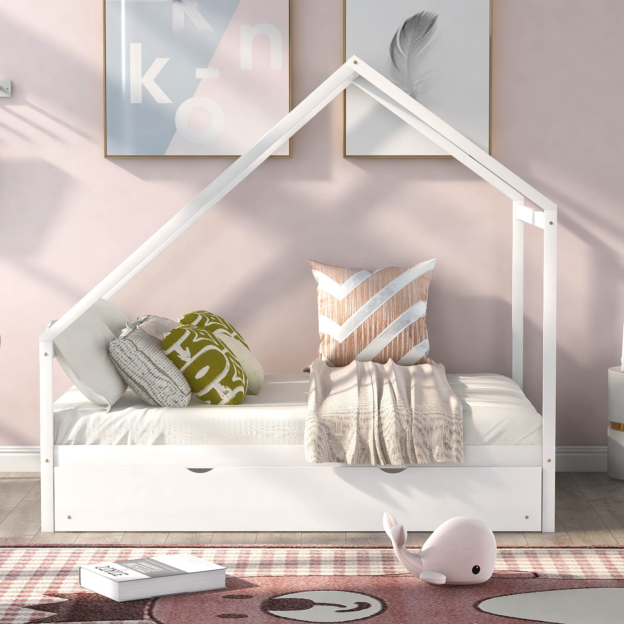 **Solid Wood House Bed Frame - Full Size Daybed with Twin Trundle, Platform Bed with Roof for Kids, Teens & Toddlers - White - Perfect for Bedrooms, Playrooms & Sleepovers**