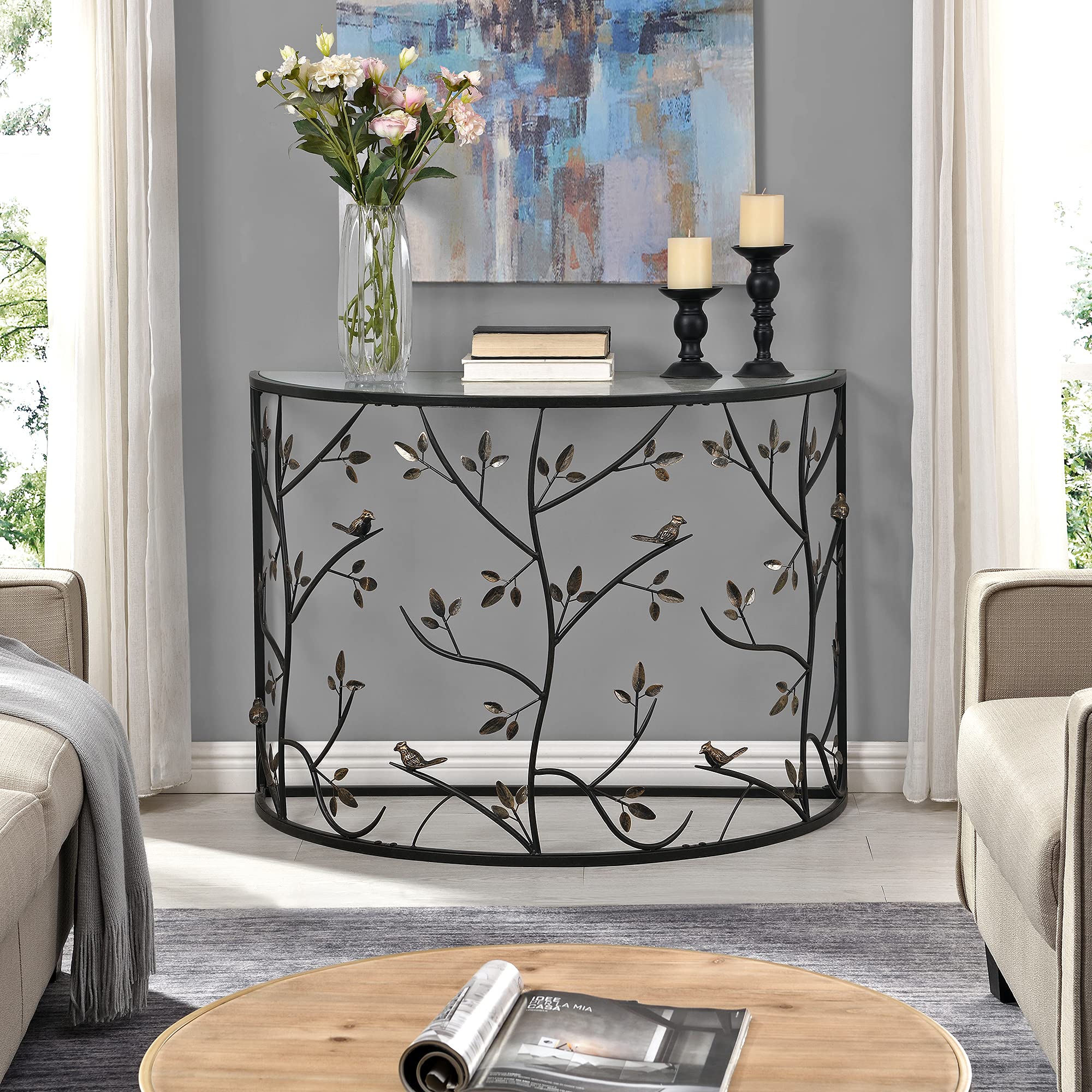 FirsTime & Co. Bronze Wren and Branches Console Table - Narrow Sofa Table for Living Room, Entryway, Hallway - Metal and Glass Farmhouse Style - 40 x 19.25 x 29 Inches - Perfect for Home Decor, Foyer Display, and Small Space Furniture Arrangement