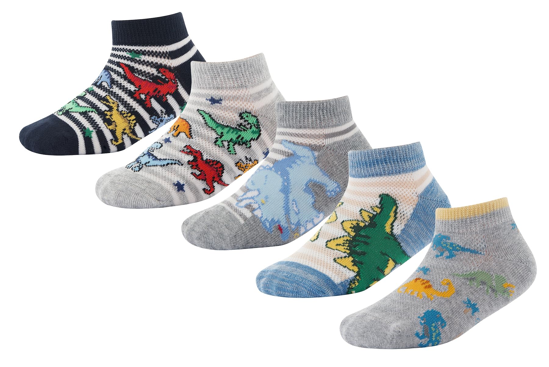 CHUNG Boys Cotton Ankle Socks 5/10 Pack - Low Cut Dinosaur Print Breathable Mesh Socks for Kids 2-9 Years - Lightweight School Running Sports Casual Socks for Everyday Wear & Playtime