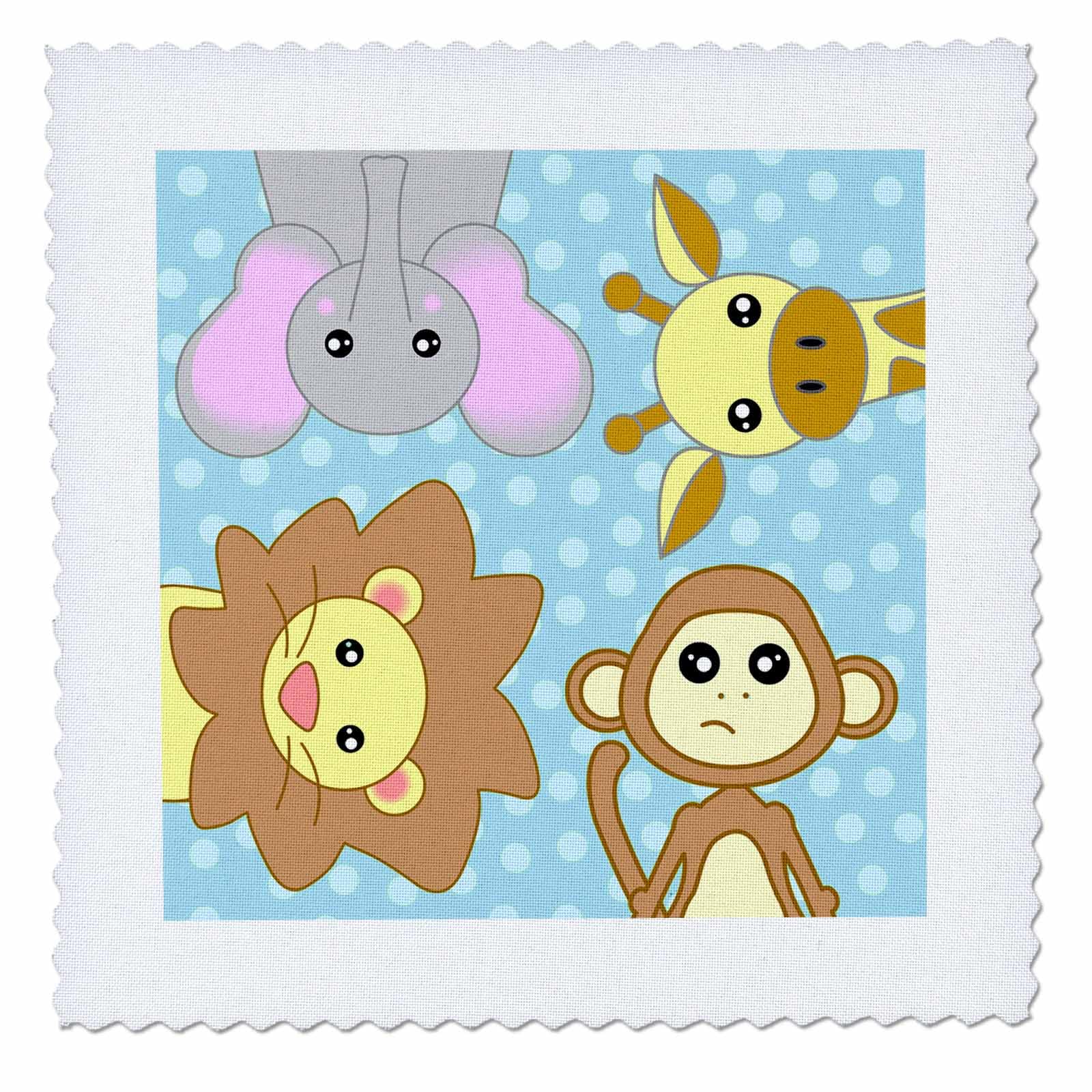 3D Rose Curious Baby Animals Lion Monkey Giraffe Elephant on Blue Background - 6x6 Inch Quilt Square Patch (qs_15434_2) for DIY Baby Blankets, Nursery Decor & Scrapbooking Projects