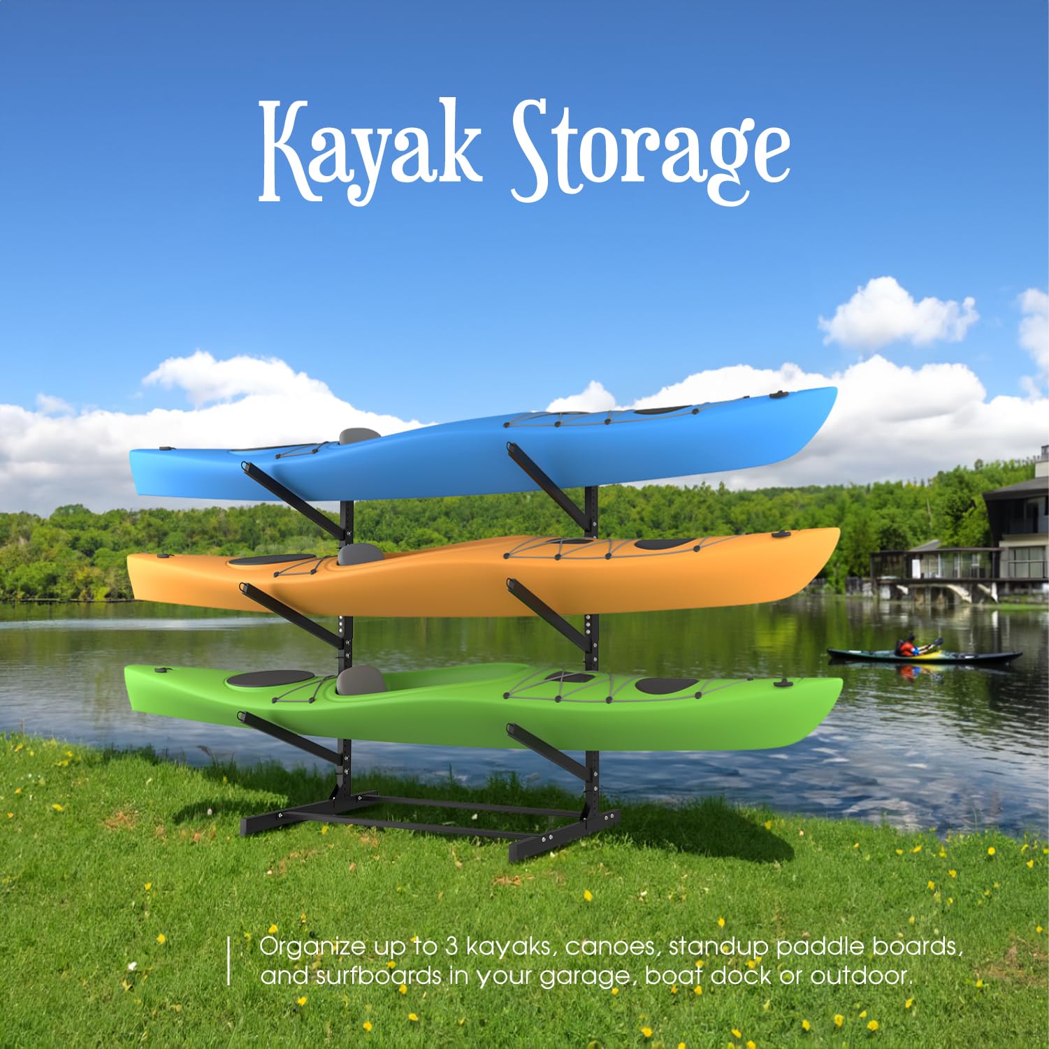 Adjustable Kayak Storage Rack - Heavy Duty SUP Stand, Weatherproof Canoe & Paddleboard Holder for Indoor/Outdoor Use - Perfect for Garage, Shed, Dock, Beach House Storage - Organize Surfboards, Kayaks & Water Sports Gear