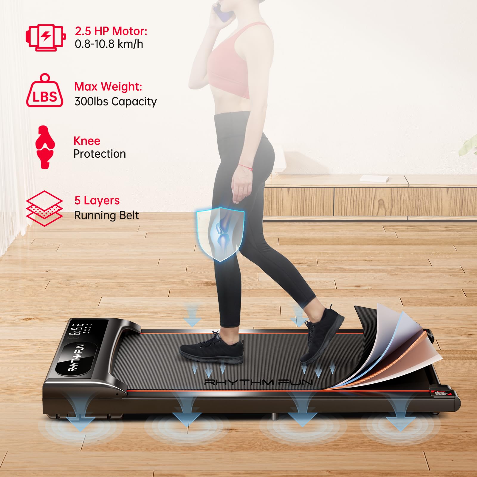 RHYTHM FUN Under Desk Treadmill with Incline - 300 Lbs Capacity, Remote Control & LED Display - Portable Walking Pad for Home Office, Small Spaces & Apartment Workouts - Perfect for Work from Home, Fitness & Compact Exercise