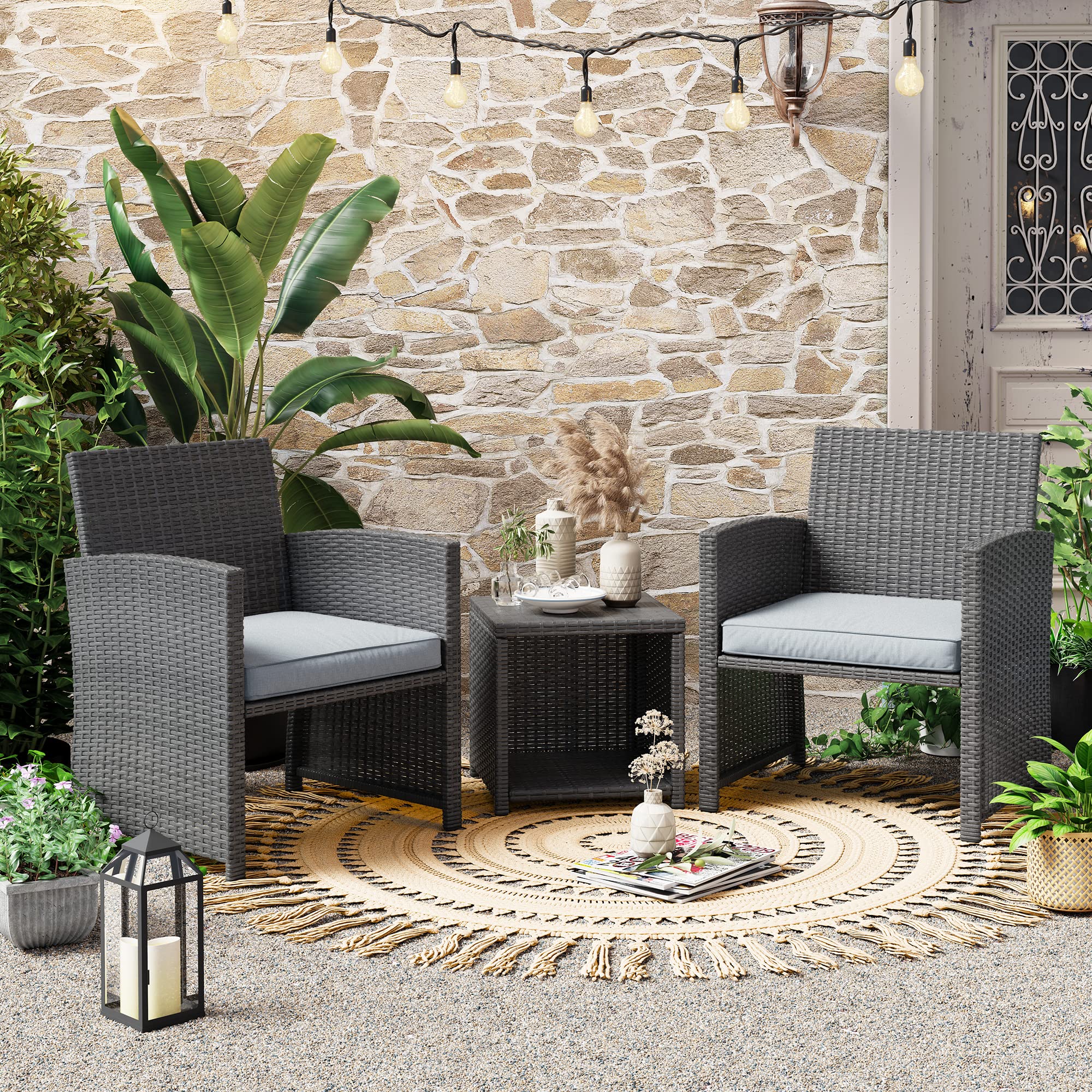 JOIVI 3-Piece Outdoor Patio Furniture Set - Rattan Bistro Set with Cushioned Chairs & Storage Side Table - Gray Conversation Set for Backyard, Porch, Poolside, Lawn - Perfect for Outdoor Dining, Relaxing & Entertaining