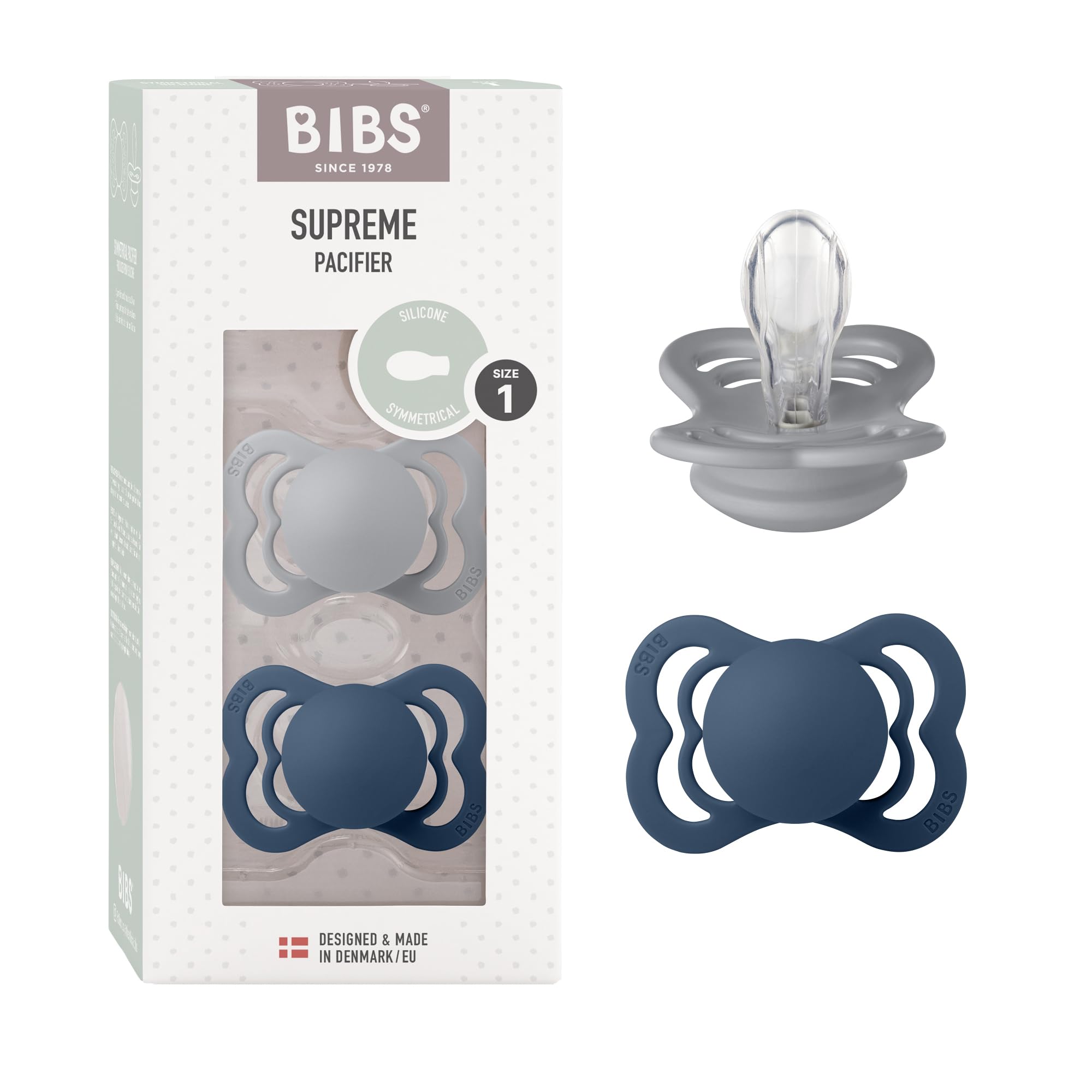 BIBS Supreme Baby Pacifier 2-Pack - BPA Free Silicone Soother for Newborns 0-6 Months | Symmetrical Nipple Design | Made in Denmark | Perfect for Daytime Naps & Nighttime Comfort (Cloud/Steel Blue)