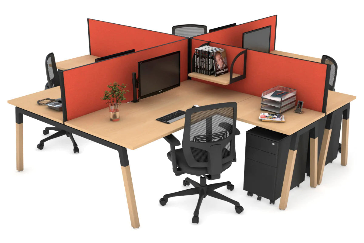 Quadro Wood A Legs Cross Beam 4-Person Corner Workstation Desk - 1600L x 1800W with Cable Management Scallop - Perfect for Office, Home Workspace & Collaborative Environments