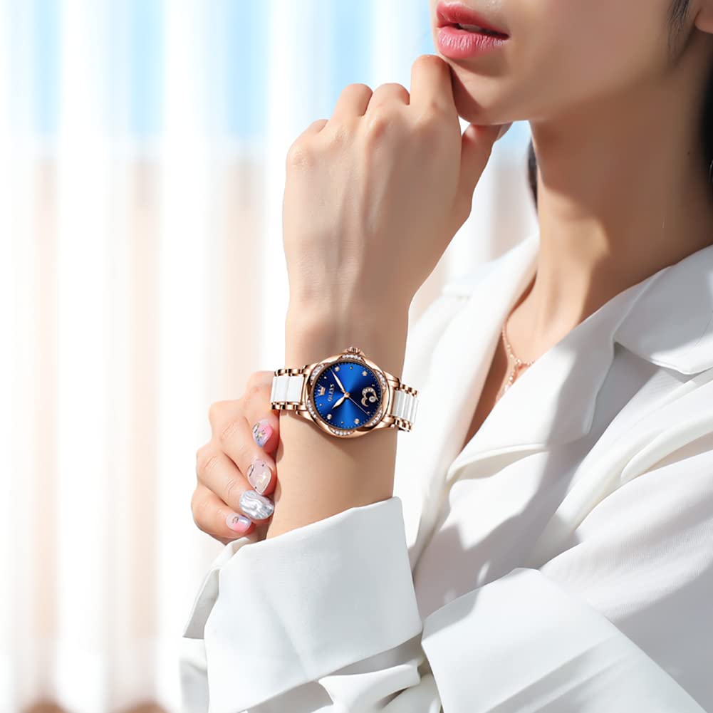 OLEVS Rose Gold Women's Automatic Watch with Two-Tone Stainless Steel & Ceramic Bracelet, Diamond-Accented Self-Winding Watch - Red/Blue/White Dial (No Battery Required) | Perfect for Business, Party & Everyday Wear