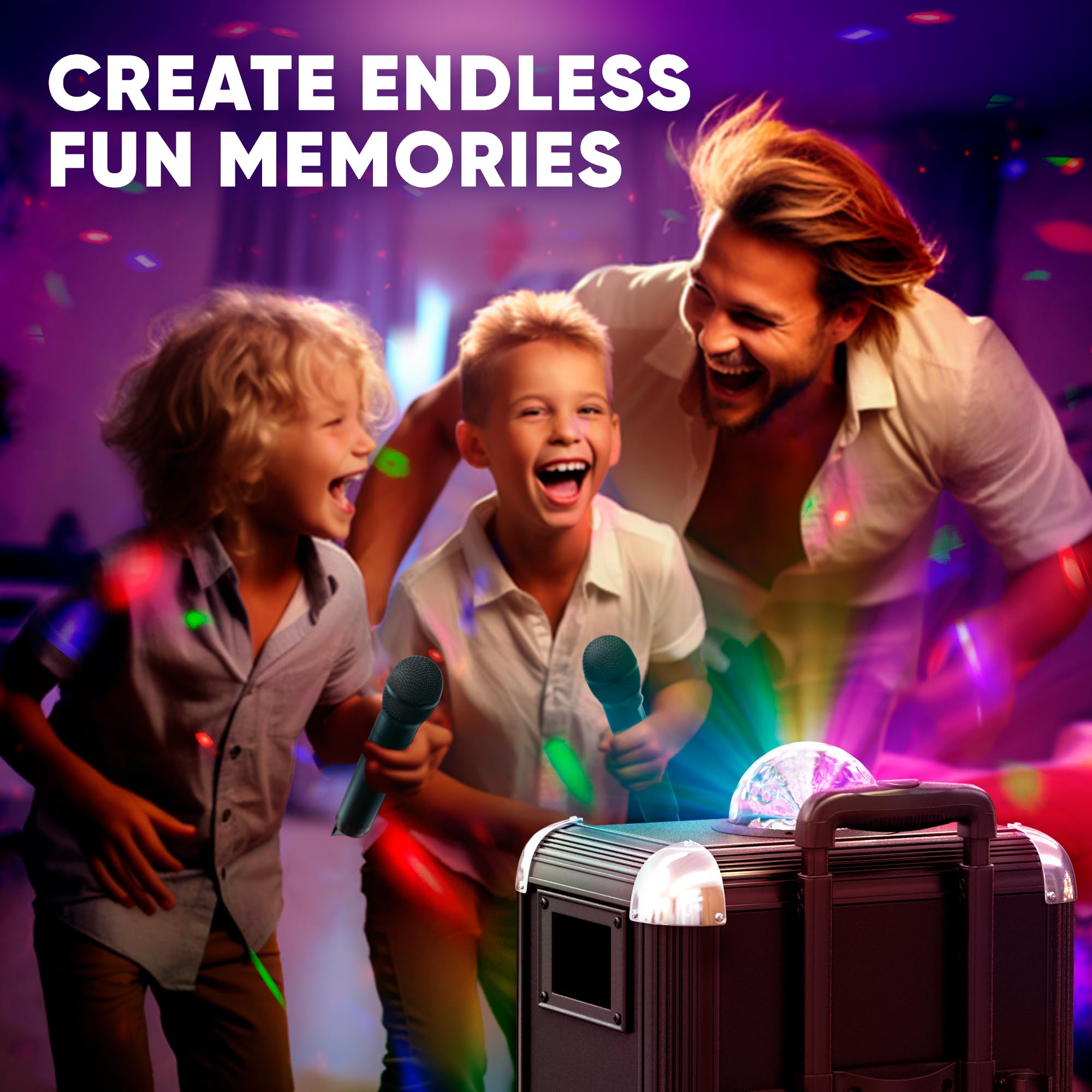 MASINGO Karaoke Machine with 2 Wireless Microphones - Portable Bluetooth PA Speaker System for Adults & Kids, Features Disco Ball Lights, Lyrics Display, Tablet Holder & TV Cable (Soprano X1 2.0) - Perfect for Home Parties, Birthday Celebrations and Family Gatherings