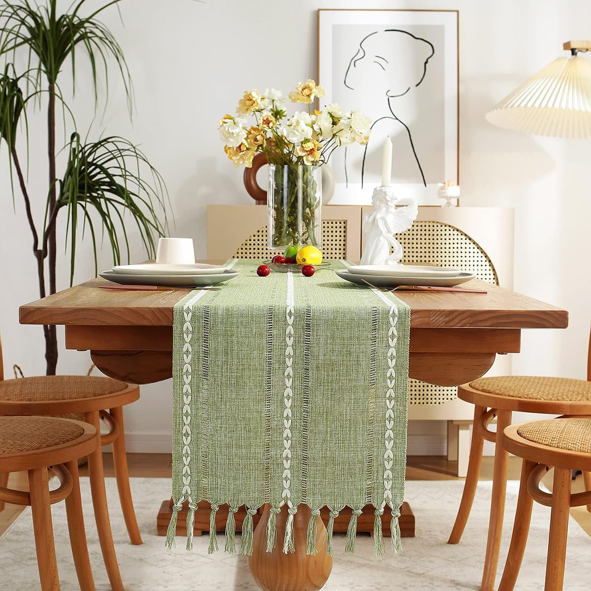 Rustic Hemstitch Linen Table Runner 90 Inches Long with Tassels - Farmhouse Style Dining Table Decor for Kitchen, Coffee Table, Party & Dresser - Sage Green 13