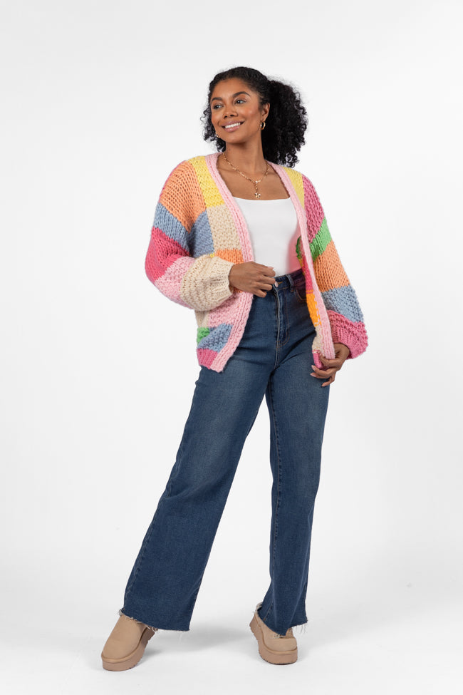 Pink & Multi-Color Block Cardigan for Women - Cozy Knit Sweater Wrap - Perfect for Fall & Winter Fashion, Office Wear & Casual Outfits