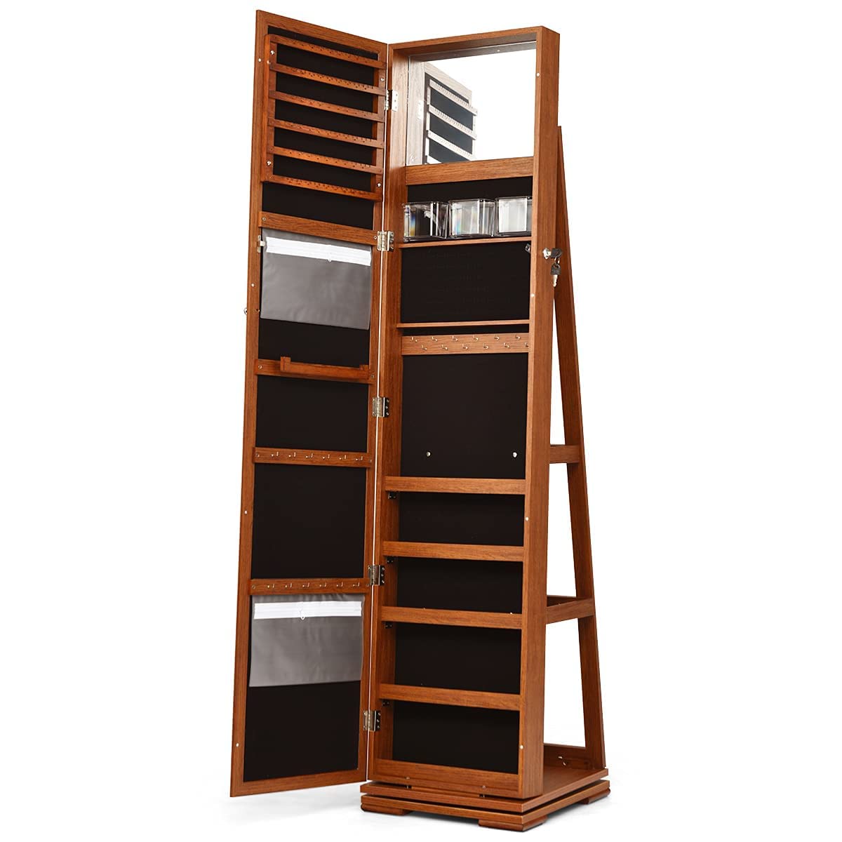 CHARMAID 360° Swivel Jewelry Armoire with Full-Length Mirror - Lockable Standing Jewelry Cabinet Organizer with Large Storage, Makeup Mirror & Back Shelves (Walnut) - Perfect for Bedroom, Closet & Dressing Room Organization