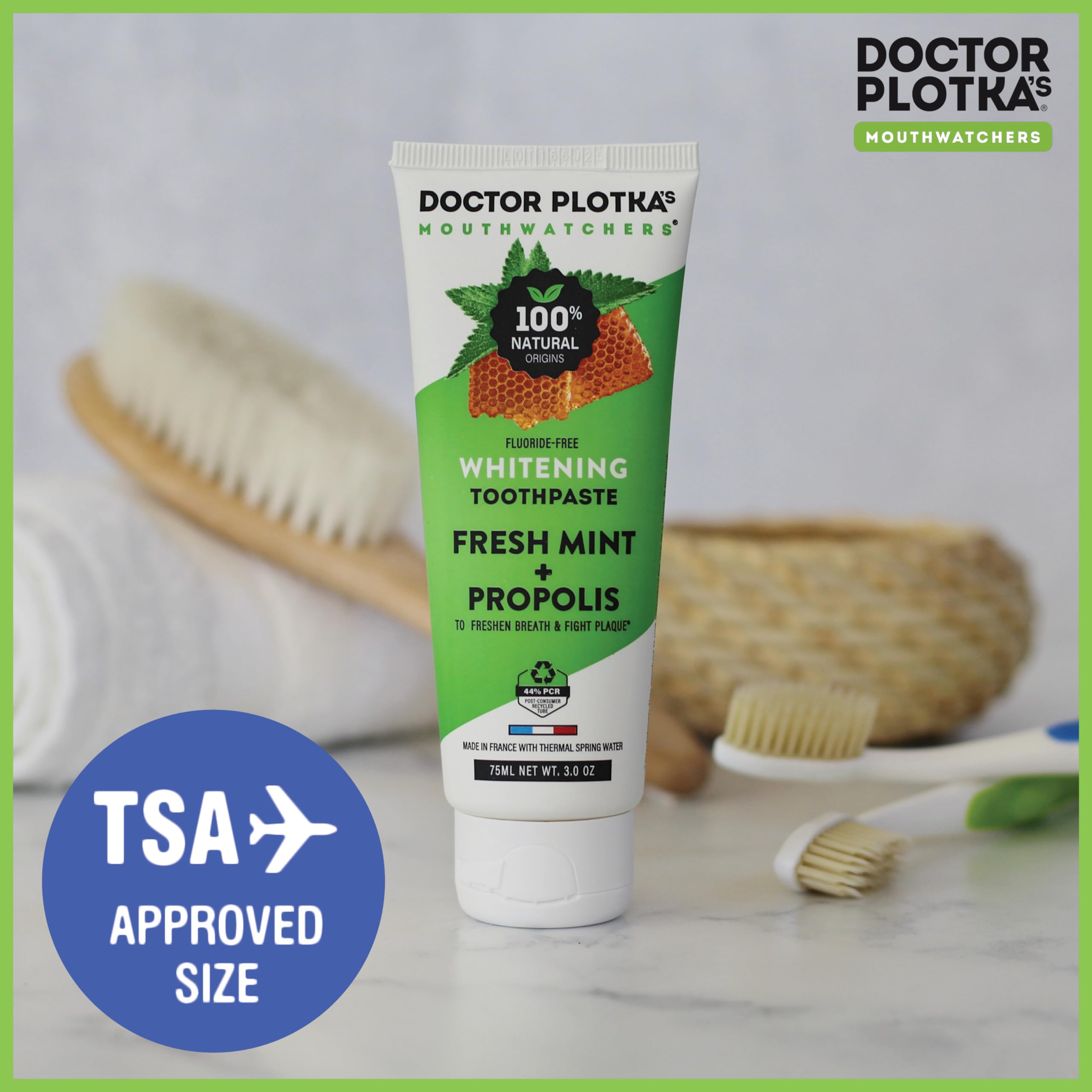 MOUTHWATCHERS Whitening Fluoride Free Natural Toothpaste for Sensitive Teeth & Gums - 2 Pack (3 oz Each) with Organic Mint & Propolis | Gentle Dental Care for Daily Use by Dr. Plotka's | Perfect for Travel & Home Oral Hygiene Routine