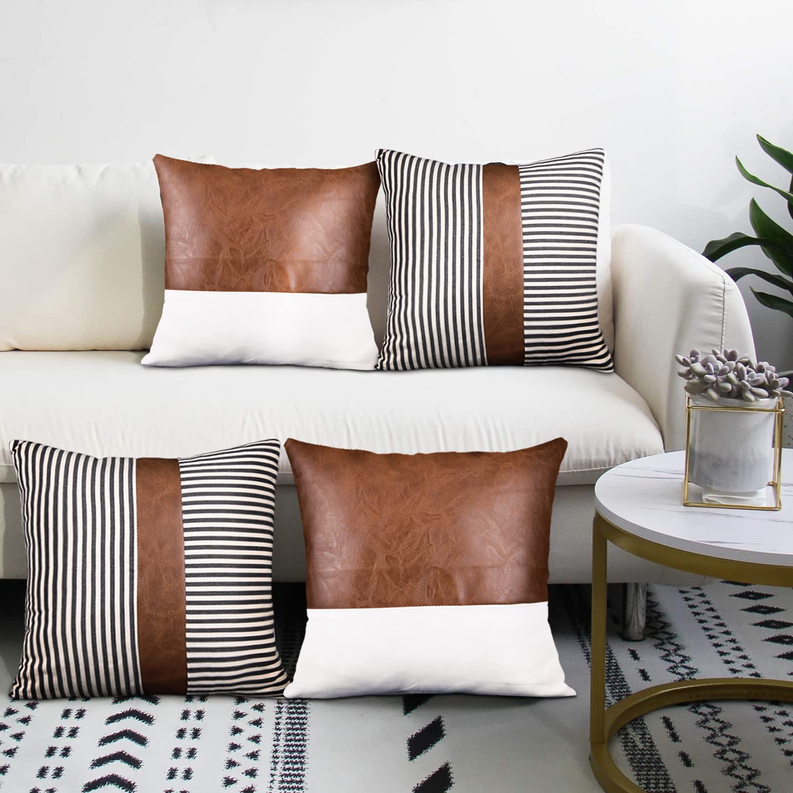 18x18 Inch Decorative Throw Pillow Covers Set of 4 - Faux Leather Stitching Canvas with Black Stripe Pattern for Modern Farmhouse Decor | Perfect for Sofa, Bedroom & Living Room Accents