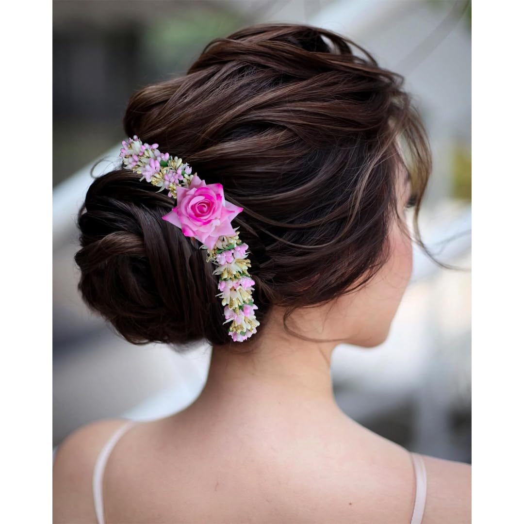 Rose Flower Hair Pin with Leaf Pollens & Pearl Design - Elegant Hair Veil/Side Juda Decoration for Women & Girls (Baby Pink) | Perfect for Weddings, Parties & Special Occasions