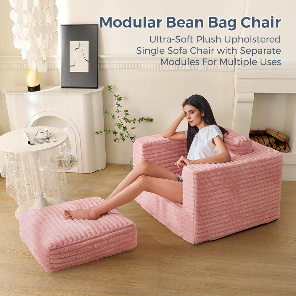 MAXYOYO Giant Bean Bag Chair - Soft Striped Faux Fur Floor Sofa with Removable Pillows & Armrests, Pink - Perfect for Living Room, Bedroom, Gaming Room & Dorm Decor