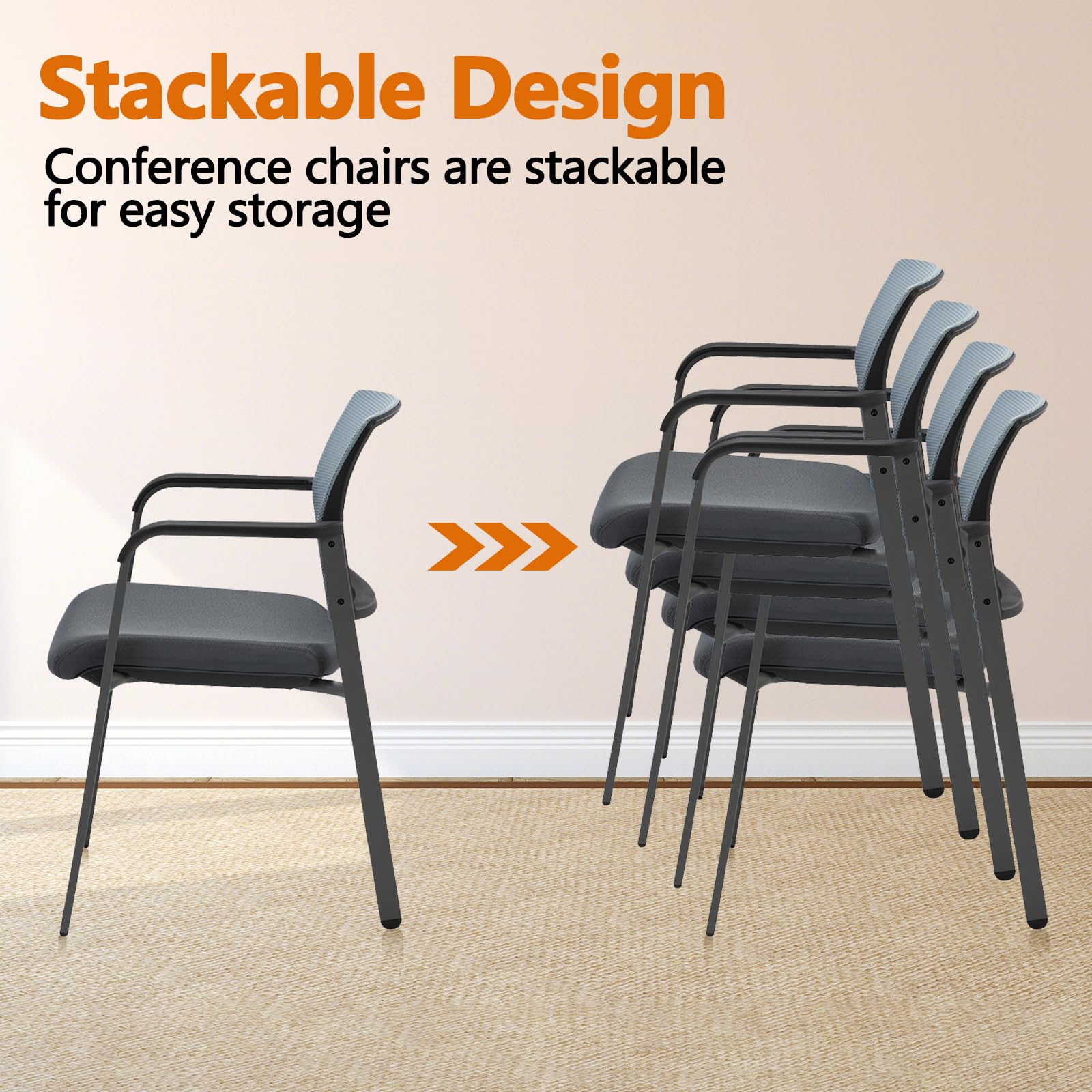 CLATINA Ergonomic Mesh Office Chair with Fabric Seat & Lumbar Support - Stackable Conference Chairs for School, Church, Guest Reception (Set of 4, Gray) - Perfect for Home Office, Conference Rooms & Waiting Areas