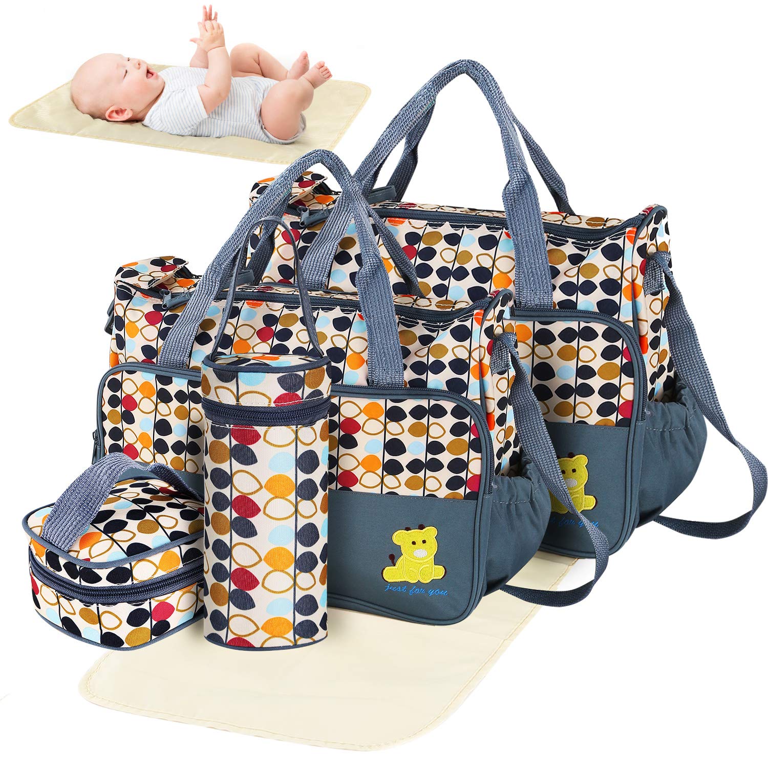 **Premium Diaper Bag Tote for Boys & Girls - 5-Piece Set with Large Tote, Insulated Food Bag, Bottle Holder & Changing Pad - Adjustable Shoulder Straps - Perfect for Travel, Daycare & Family Outings**