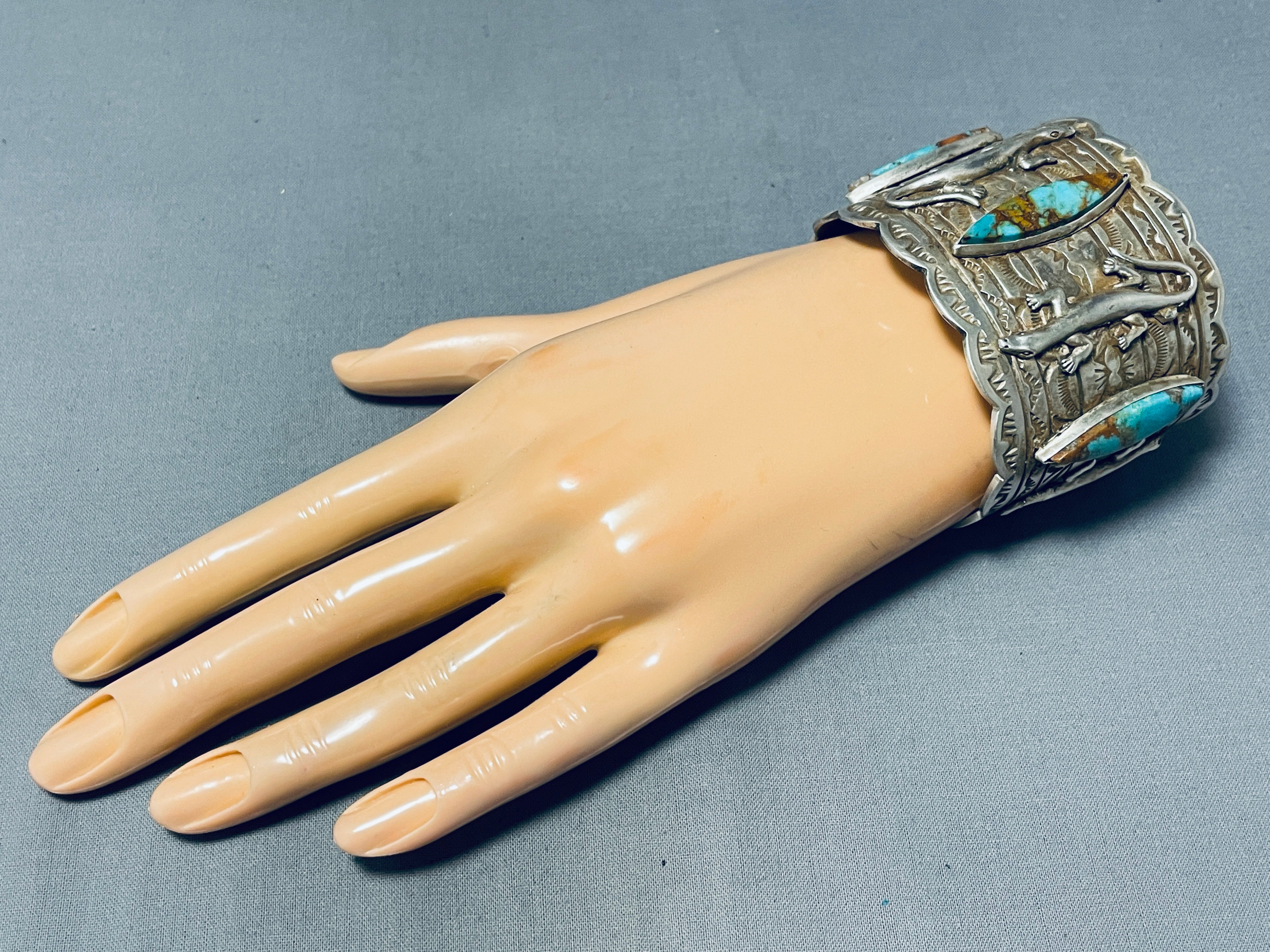 Authentic Navajo Sterling Silver Gecko Bracelet with 100+ Gram Royston Turquoise – Handmade Native American Jewelry for Women, Boho Fashion, Gift Giving & Special Occasions