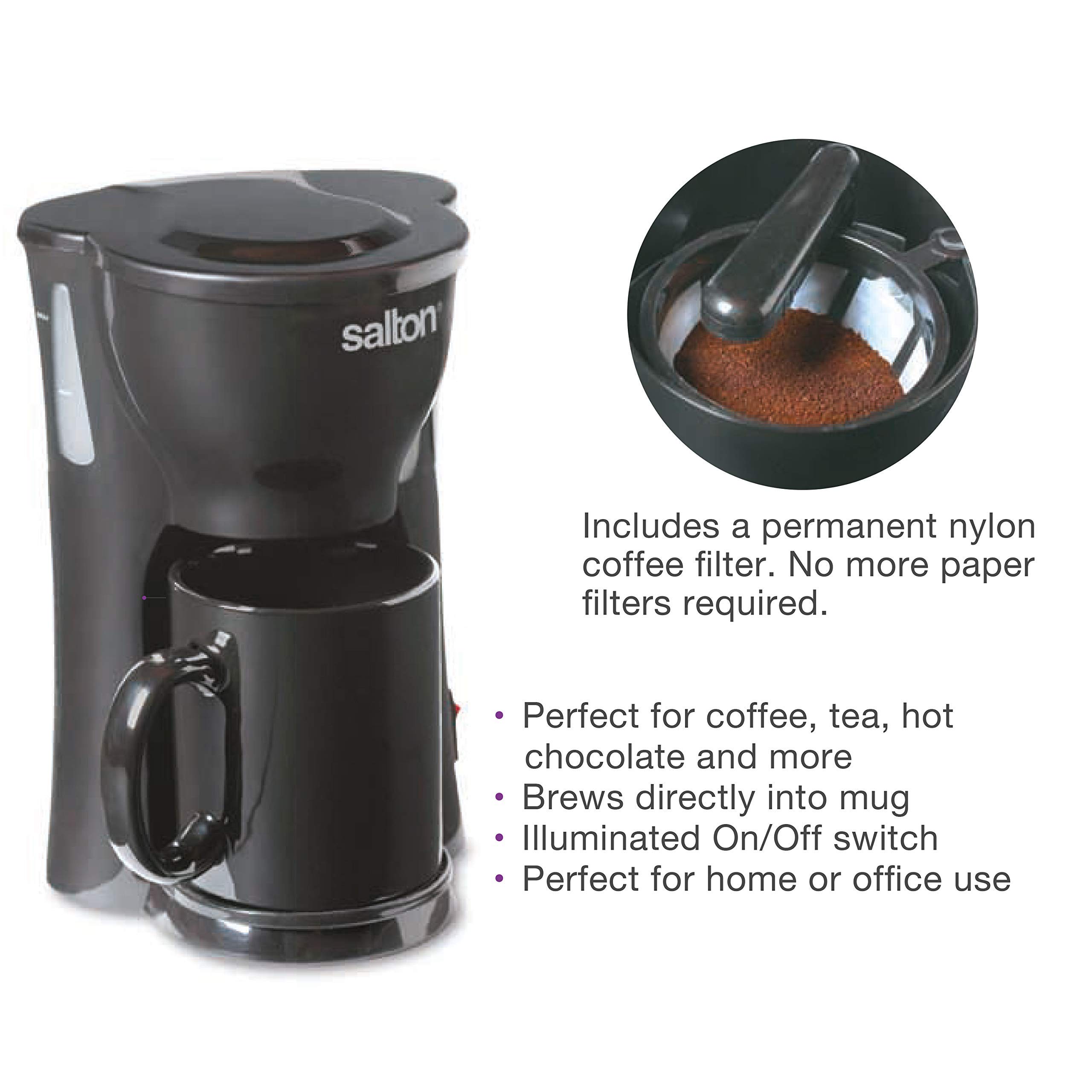 Salton 1 Cup Mini Compact Drip Coffee Maker - 10 Oz Black - Perfect for Office, Travel & Small Kitchens