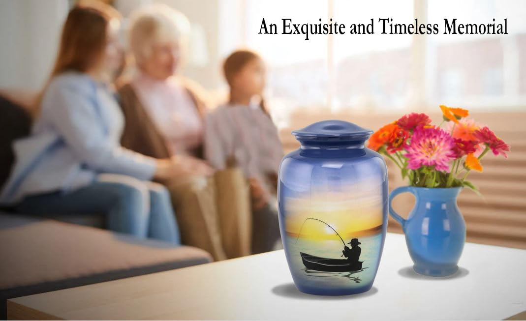Hand-Painted Fishing Cremation Urn for Ashes - Memorial Urn for Fishermen - Large Handmade Funeral Urn with Velvet Bag - Perfect for Home Memorials, Cemetery Burials & Ash Storage - Ideal Gift for Fishing Enthusiasts