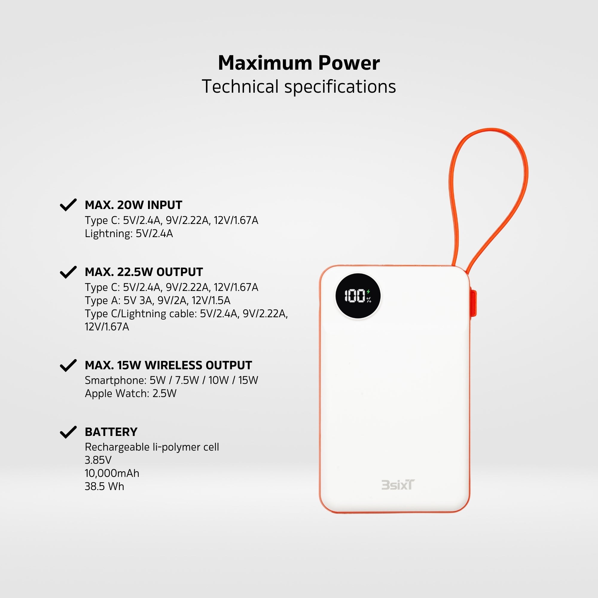 3sixT JetPak 3-in-1 Wireless 10000mAh Portable Charger - Fast Charging Power Bank for iPhone, Samsung, AirPods - Perfect for Travel, Camping & Emergency Power Backup