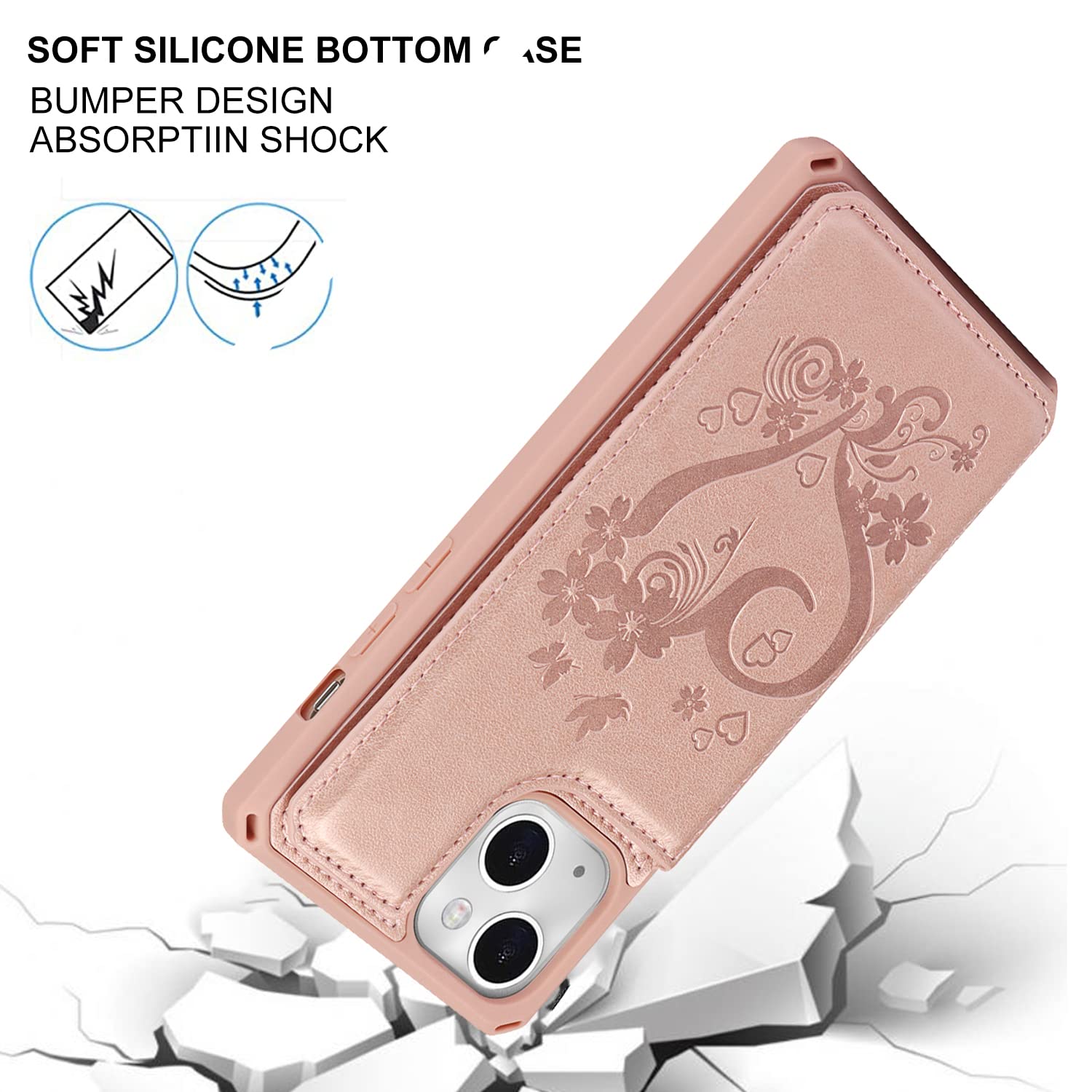 Premium Leather iPhone 13 Wallet Case with Card Holder & Stand - Shockproof Protective Phone Cover with Strap for Women (Rose Gold) | Perfect for Daily Commute, Shopping & Travel