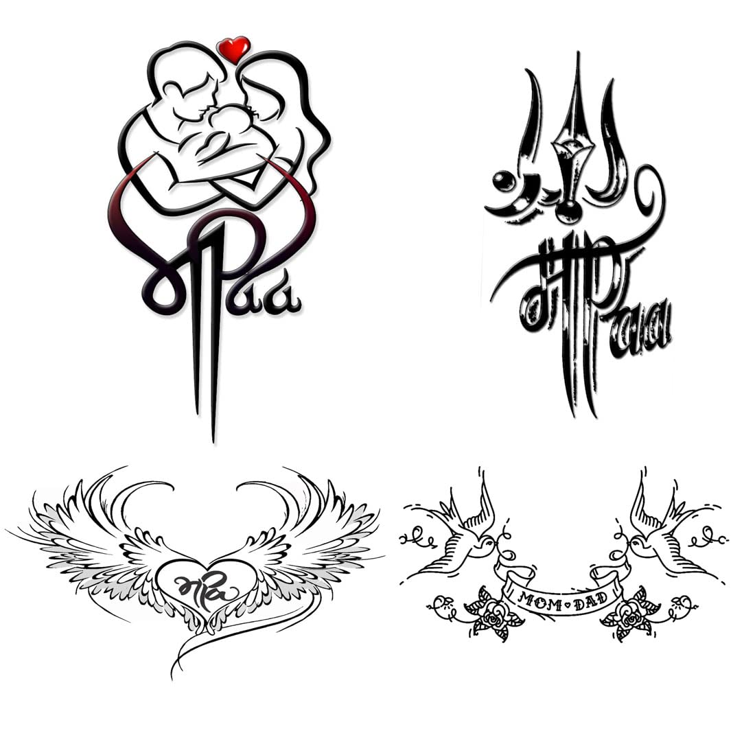 Pack of 4 Temporary Tattoo Stickers - Maa Paa Trishul Designs for Men & Women (2x4 Inch) - Waterproof Fake Body Art for Parties, Festivals & Spiritual Events