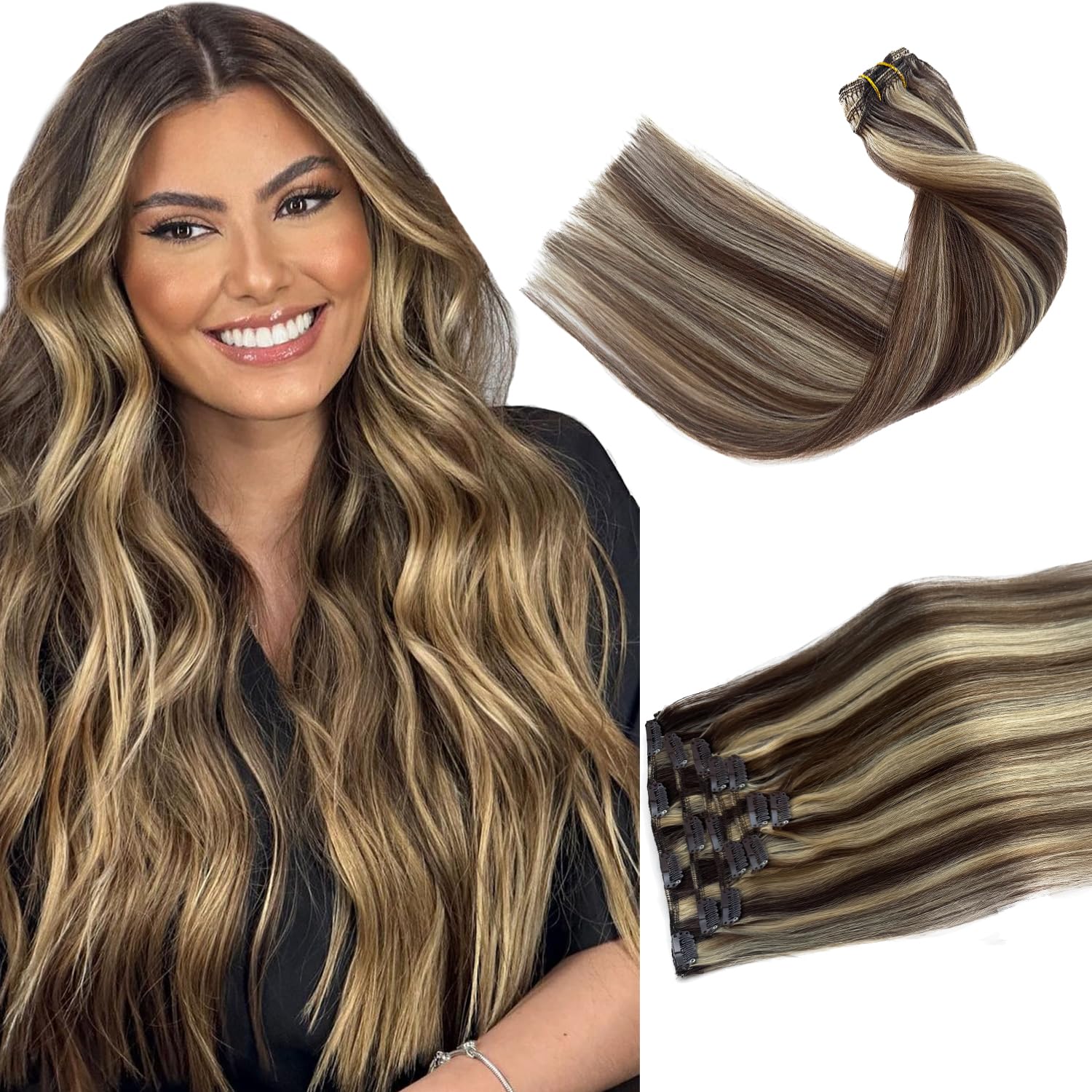 Clip-in Human Hair Extensions - Medium Brown with Blonde Highlights, 7-Piece Set, 100% Remy Hair, Silky Straight & Soft for Natural Look | Perfect for Daily Styling, Volume Boost & Special Occasions